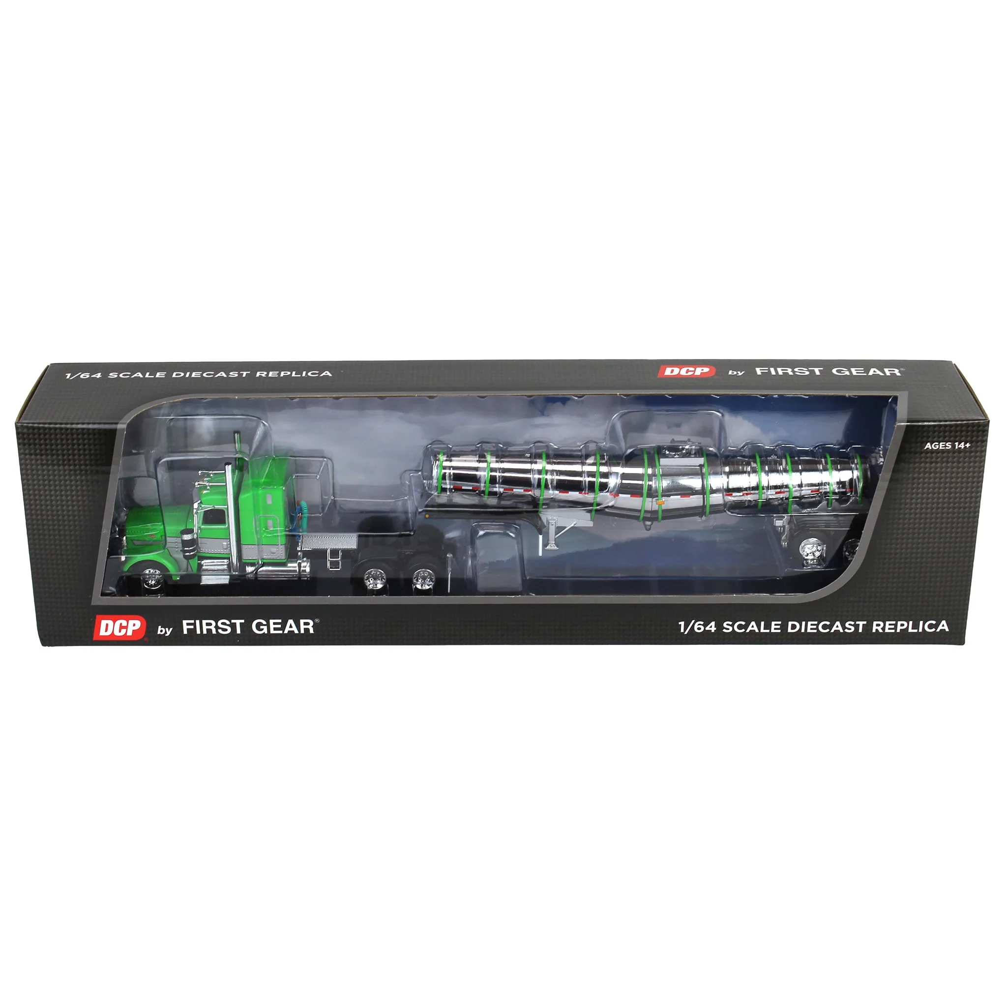 1/64 Peterbilt 389 with Polar Deep Drop Trailer, Green/Silver/Black, DCP by First Gear - Image 5