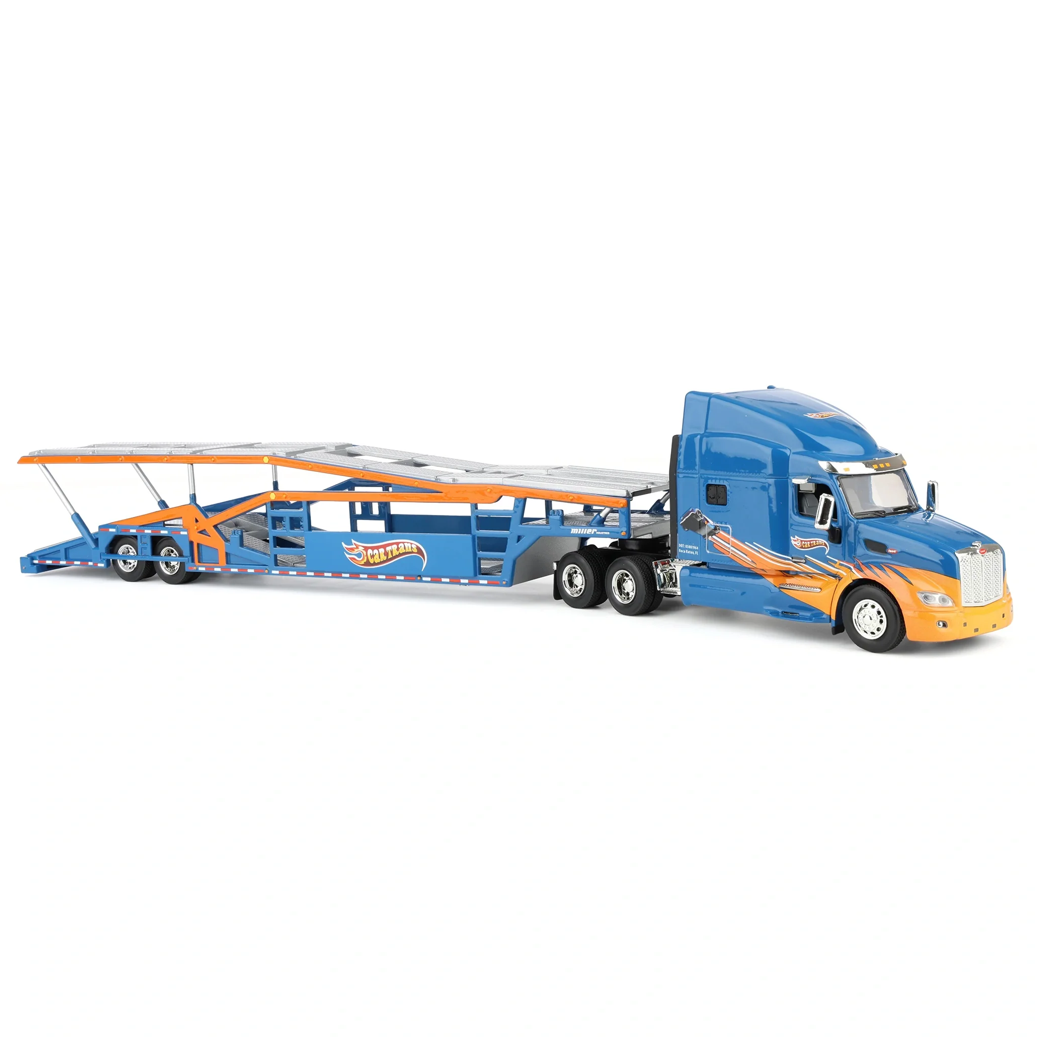 1/64 Peterbilt 579 Semi Truck with Car Hauler Trailer by Iconic Replicas, CarTrans Blue/Orange - Image 2