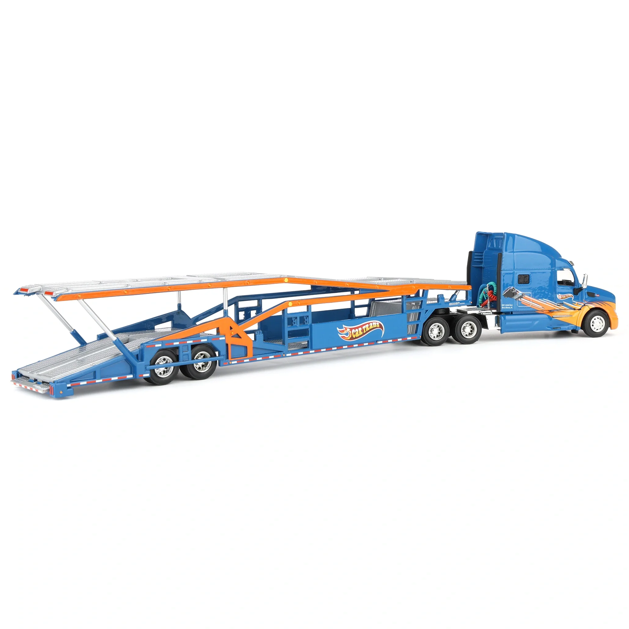 1/64 Peterbilt 579 Semi Truck with Car Hauler Trailer by Iconic Replicas, CarTrans Blue/Orange - Image 3