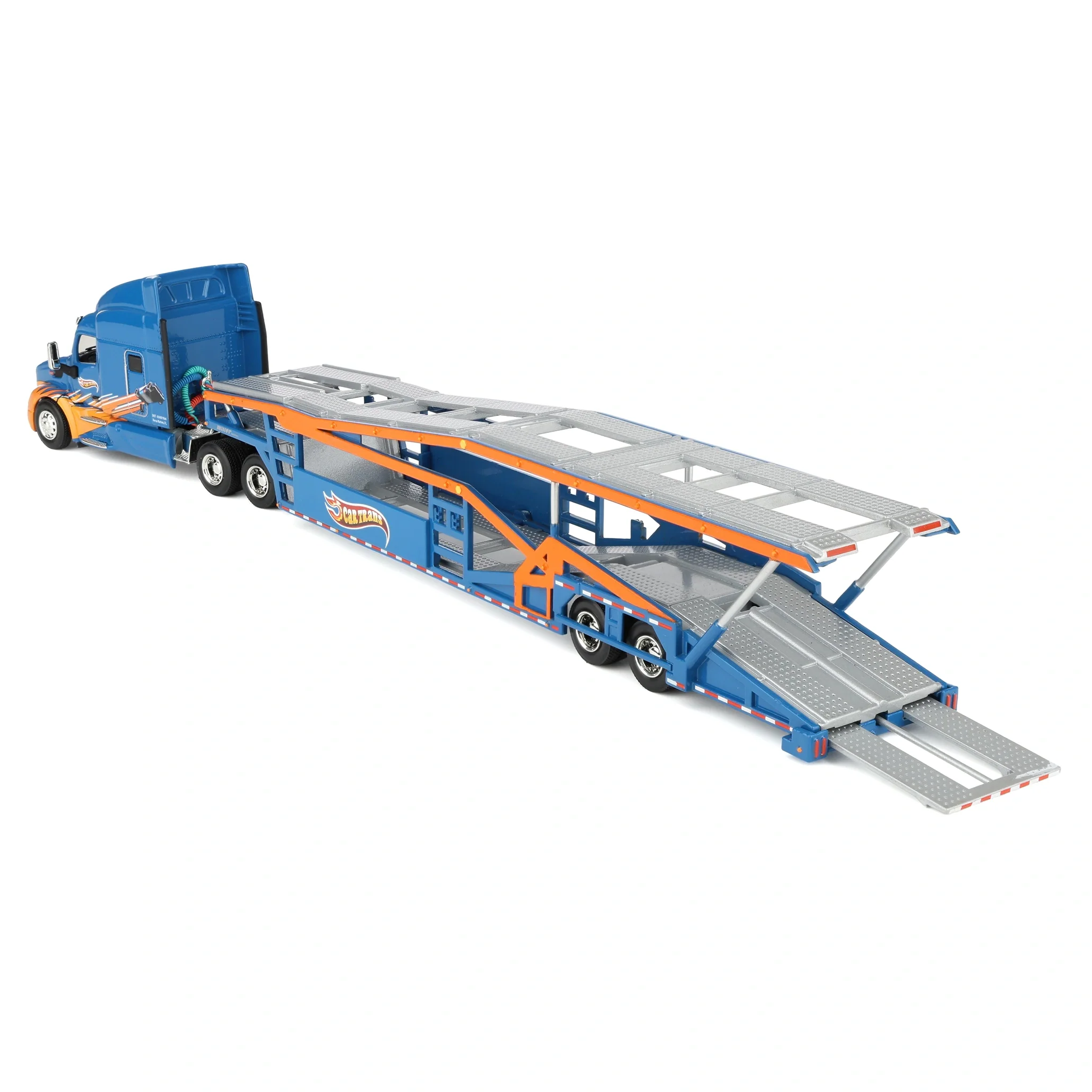 1/64 Peterbilt 579 Semi Truck with Car Hauler Trailer by Iconic Replicas, CarTrans Blue/Orange - Image 4