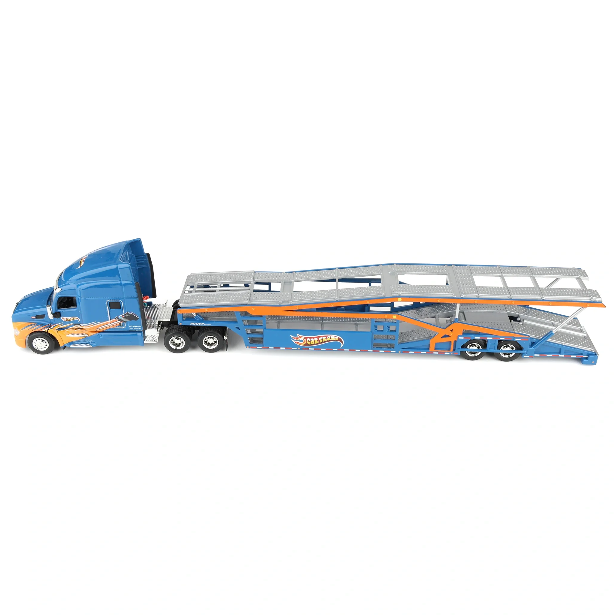 1/64 Peterbilt 579 Semi Truck with Car Hauler Trailer by Iconic Replicas, CarTrans Blue/Orange - Image 5