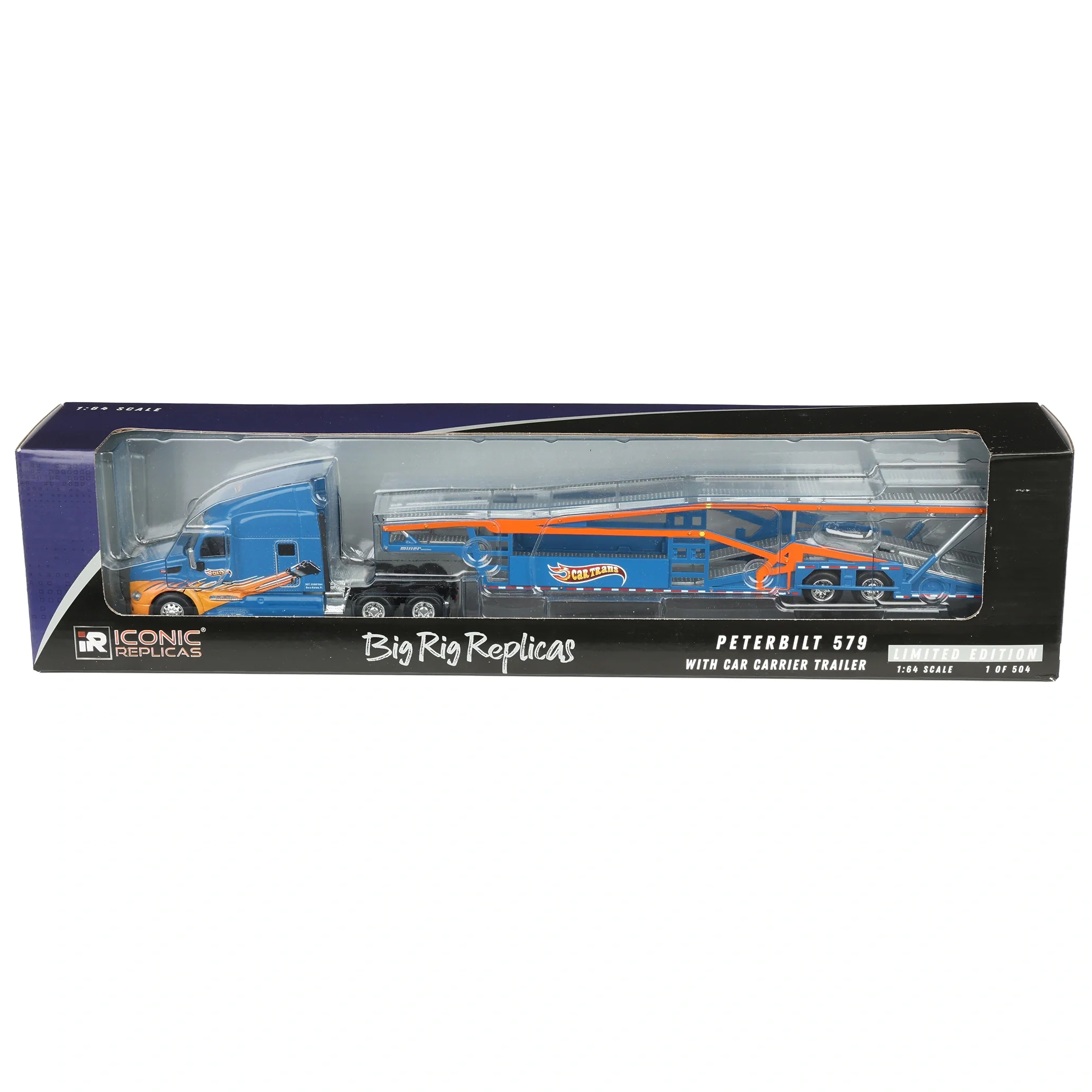 1/64 Peterbilt 579 Semi Truck with Car Hauler Trailer by Iconic Replicas, CarTrans Blue/Orange - Image 6