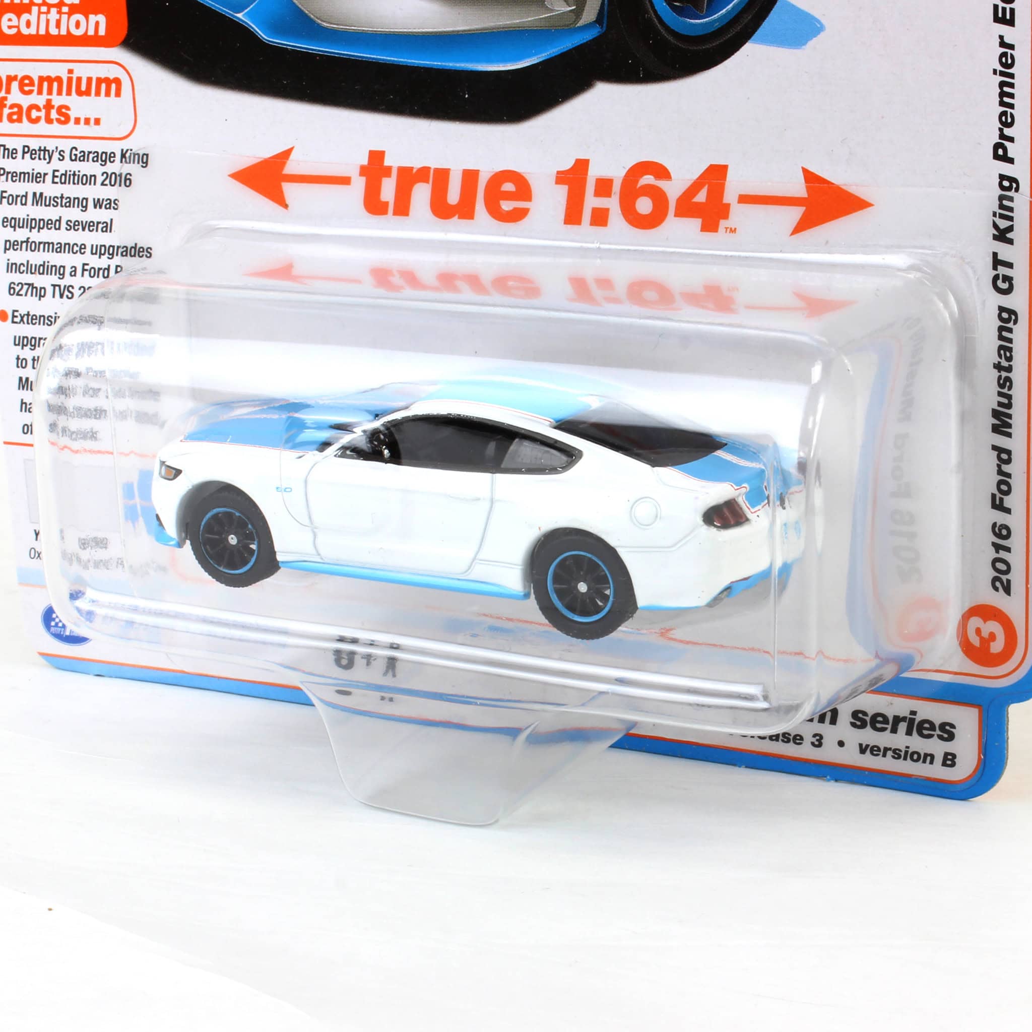1/64 Petty’s Garage 2017 Ford Mustang GT Tribute Edition with Petty Garage Logos, White, Auto World - Image 3