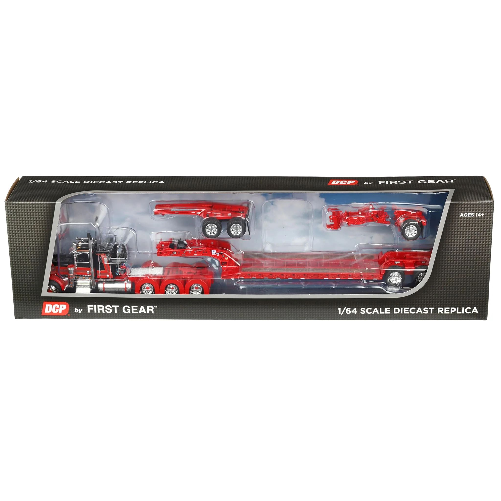 1/64 Red/Black Peterbilt 389 Tri-Axle Semi with Fontaine Magnitude Lowboy Trailer, Jeep & Stinger, DCP by First Gear - Image 2