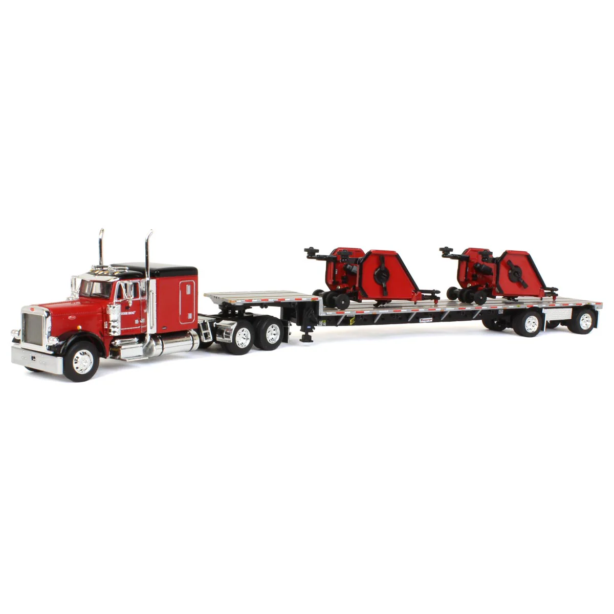 1/64 Peterbilt 379 Semi Truck with Transcraft Deck Trailer & 2 Bush Hog Wing Mowers, Outback Toys Exclusive, DCP by First Gear