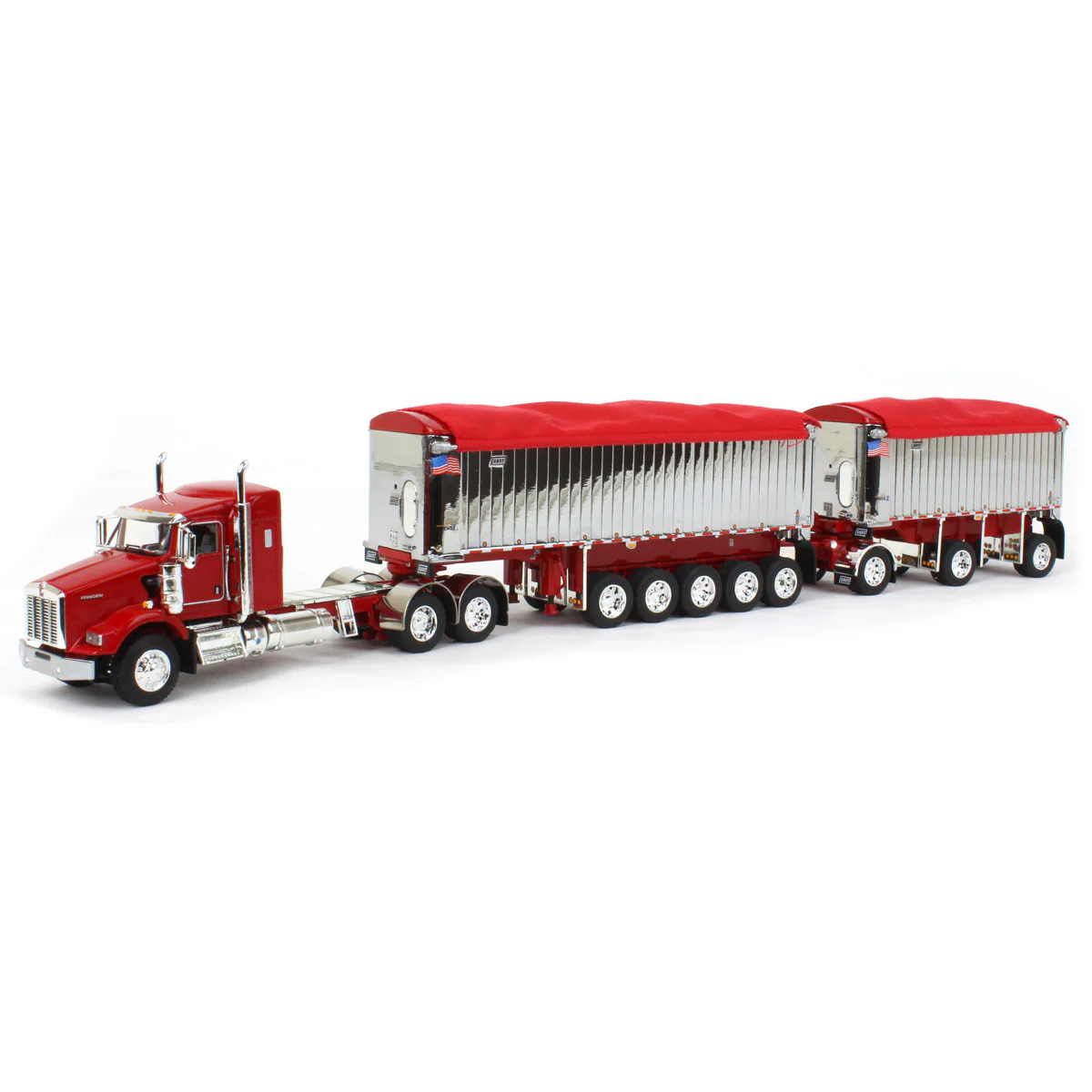 1/64 Red/Chrome Kenworth T800 Semi Truck with Chrome East Genesis II End Dump Trailers, DCP by First Gear