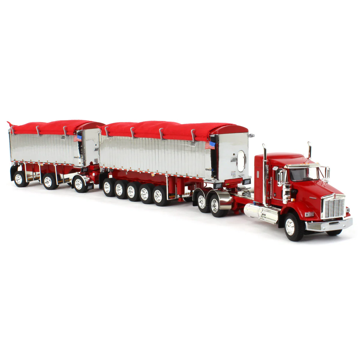 1/64 Red/Chrome Kenworth T800 Semi Truck with Chrome East Genesis II End Dump Trailers, DCP by First Gear - Image 2