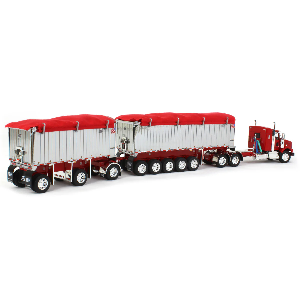 1/64 Red/Chrome Kenworth T800 Semi Truck with Chrome East Genesis II End Dump Trailers, DCP by First Gear - Image 3