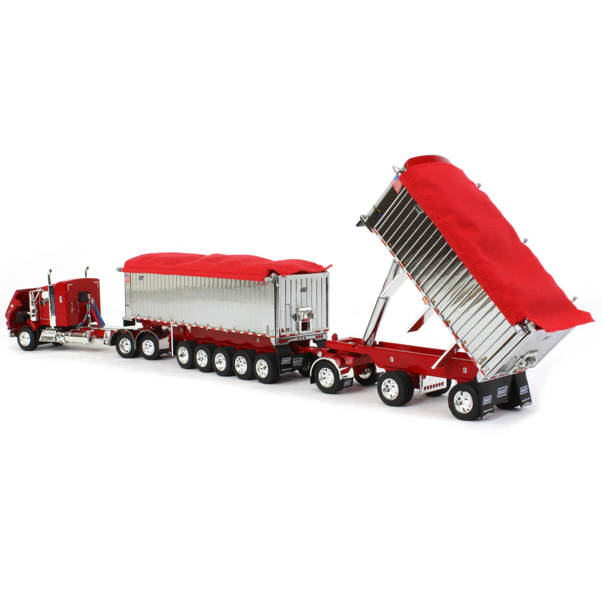 1/64 Red/Chrome Kenworth T800 Semi Truck with Chrome East Genesis II End Dump Trailers, DCP by First Gear - Image 4