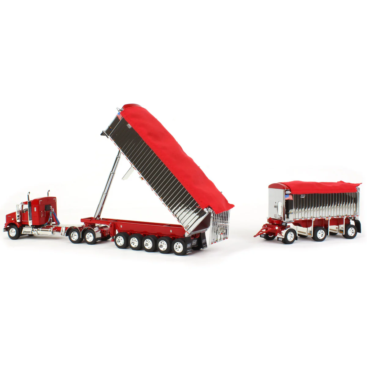 1/64 Red/Chrome Kenworth T800 Semi Truck with Chrome East Genesis II End Dump Trailers, DCP by First Gear - Image 5