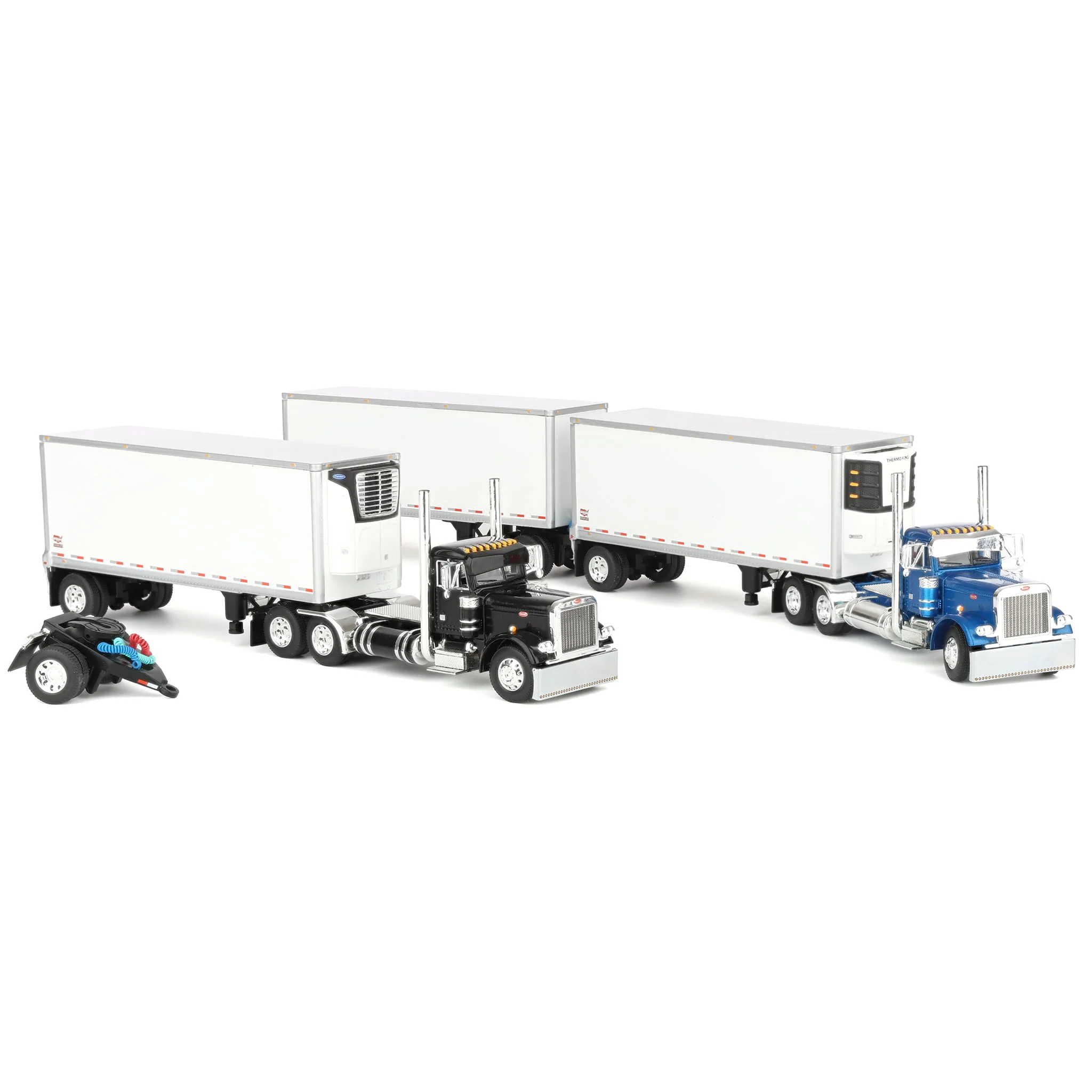 1/64 Set of 2 Peterbilt 379 Semi Trucks (Blue & Black) with 3 Pup Trailers & 2 Dollies, DCP by First Gear - Image 2