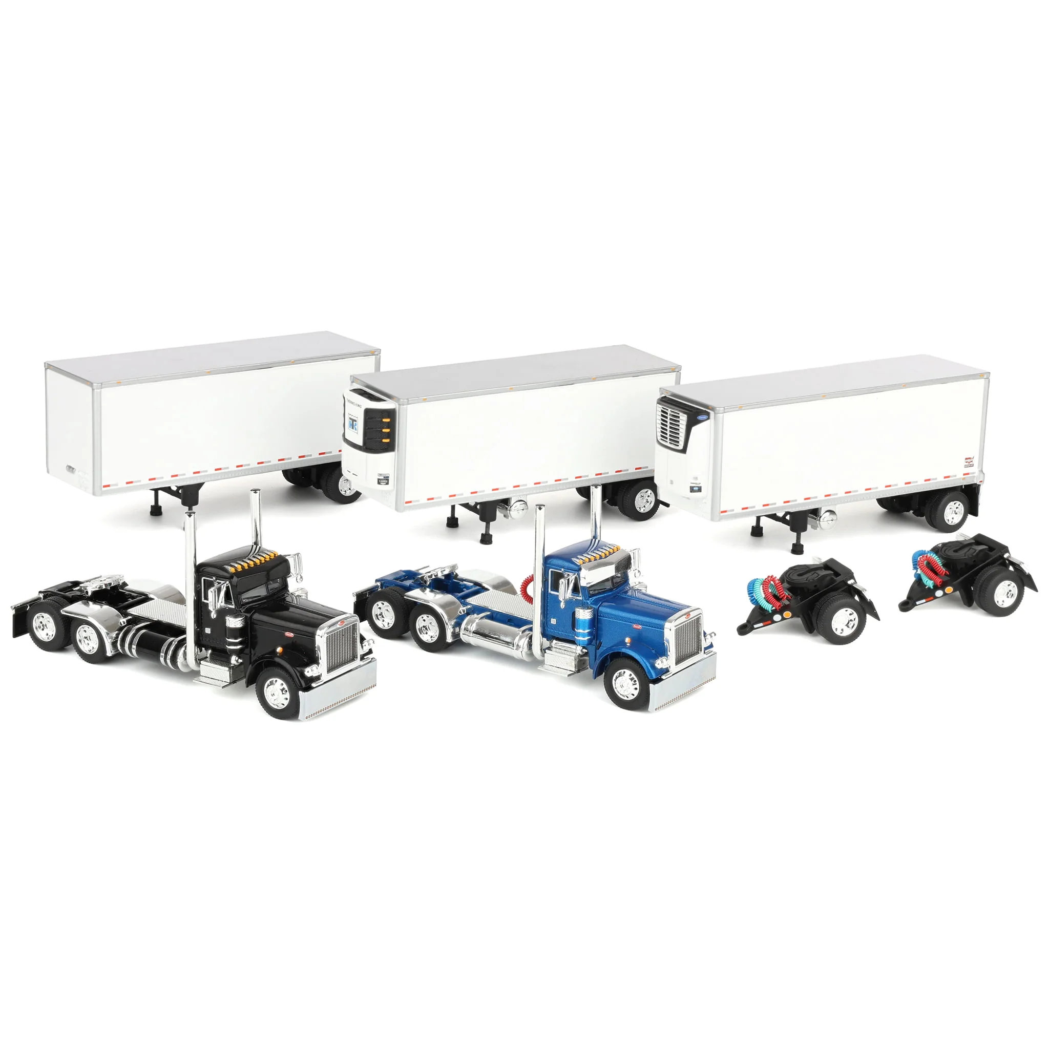 1/64 Set of 2 Peterbilt 379 Semi Trucks (Blue & Black) with 3 Pup Trailers & 2 Dollies, DCP by First Gear - Image 4