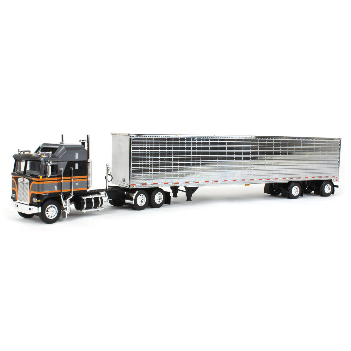 1/64 Kenworth K100 Aerodyne Long Frame Semi Truck with Chrome Van Trailer, Silver/Black, DCP by First Gear