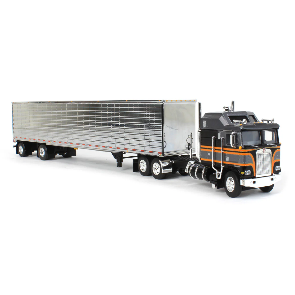 1/64 Kenworth K100 Aerodyne Long Frame Semi Truck with Chrome Van Trailer, Silver/Black, DCP by First Gear - Image 2