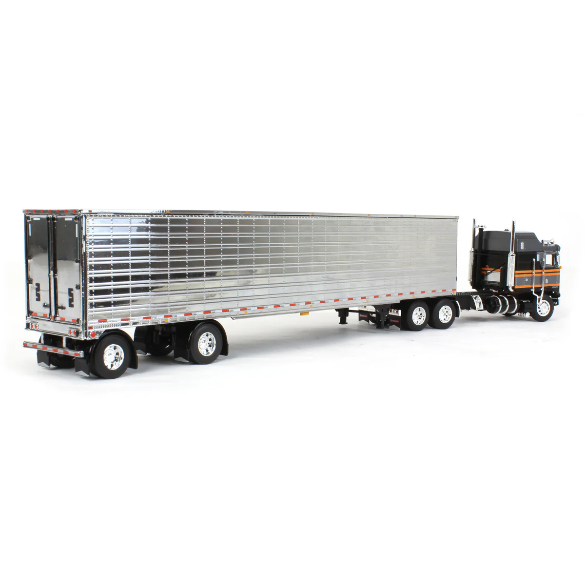 1/64 Kenworth K100 Aerodyne Long Frame Semi Truck with Chrome Van Trailer, Silver/Black, DCP by First Gear - Image 3