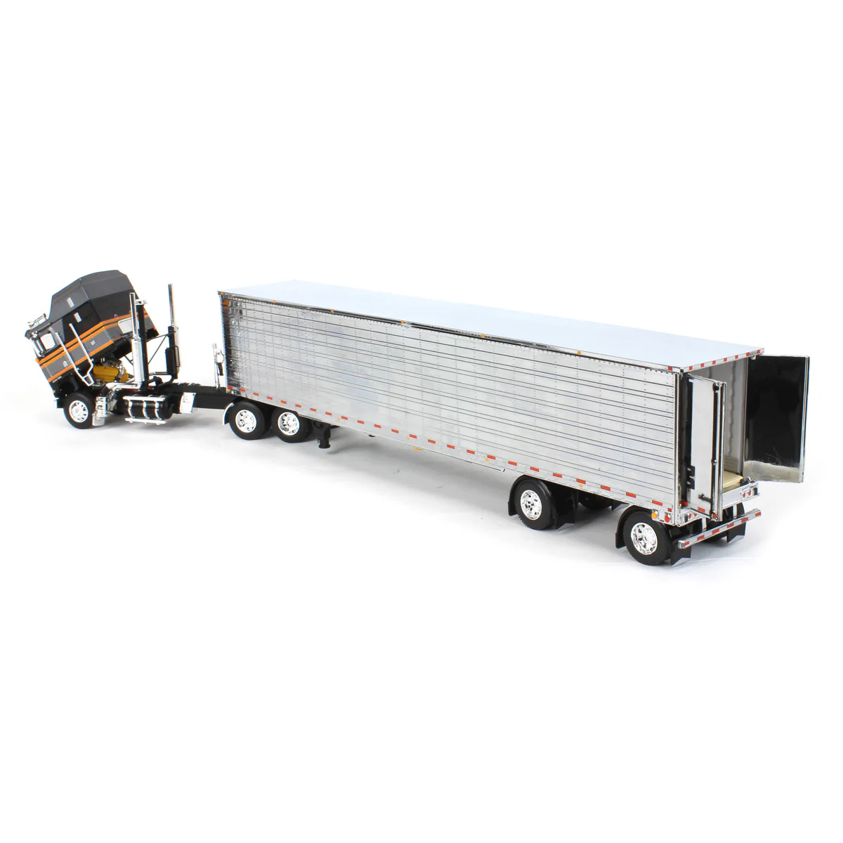 1/64 Kenworth K100 Aerodyne Long Frame Semi Truck with Chrome Van Trailer, Silver/Black, DCP by First Gear - Image 4