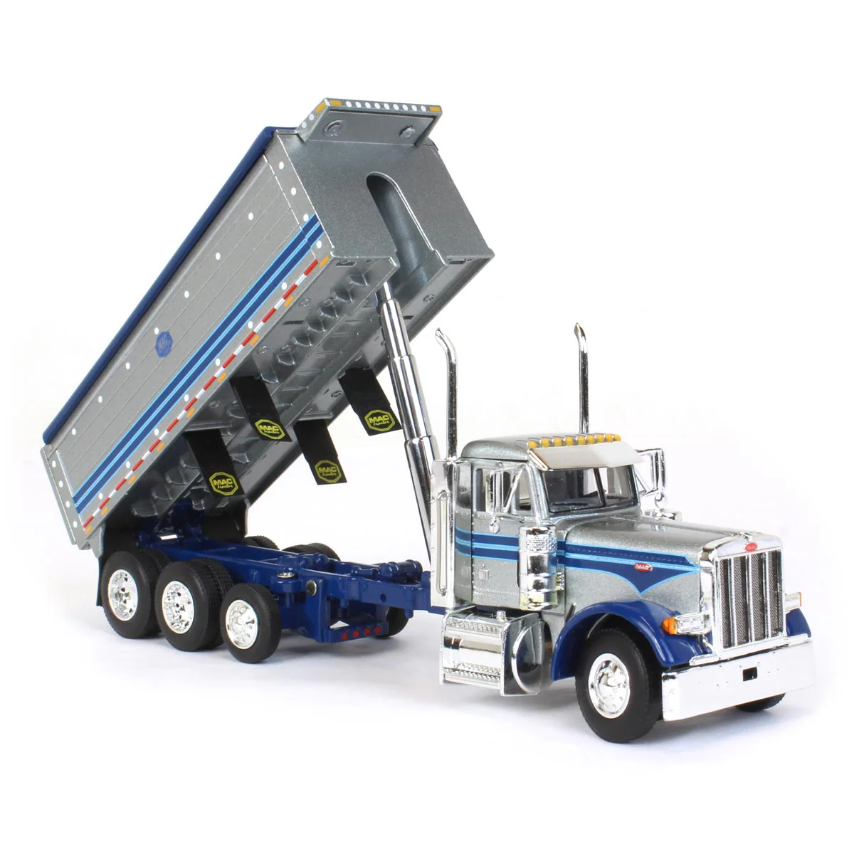 1/64 Silver/Blue Peterbilt 379 Semi Truck with Tri-Axle MAC Dump Body, DCP by First Gear - Image 2