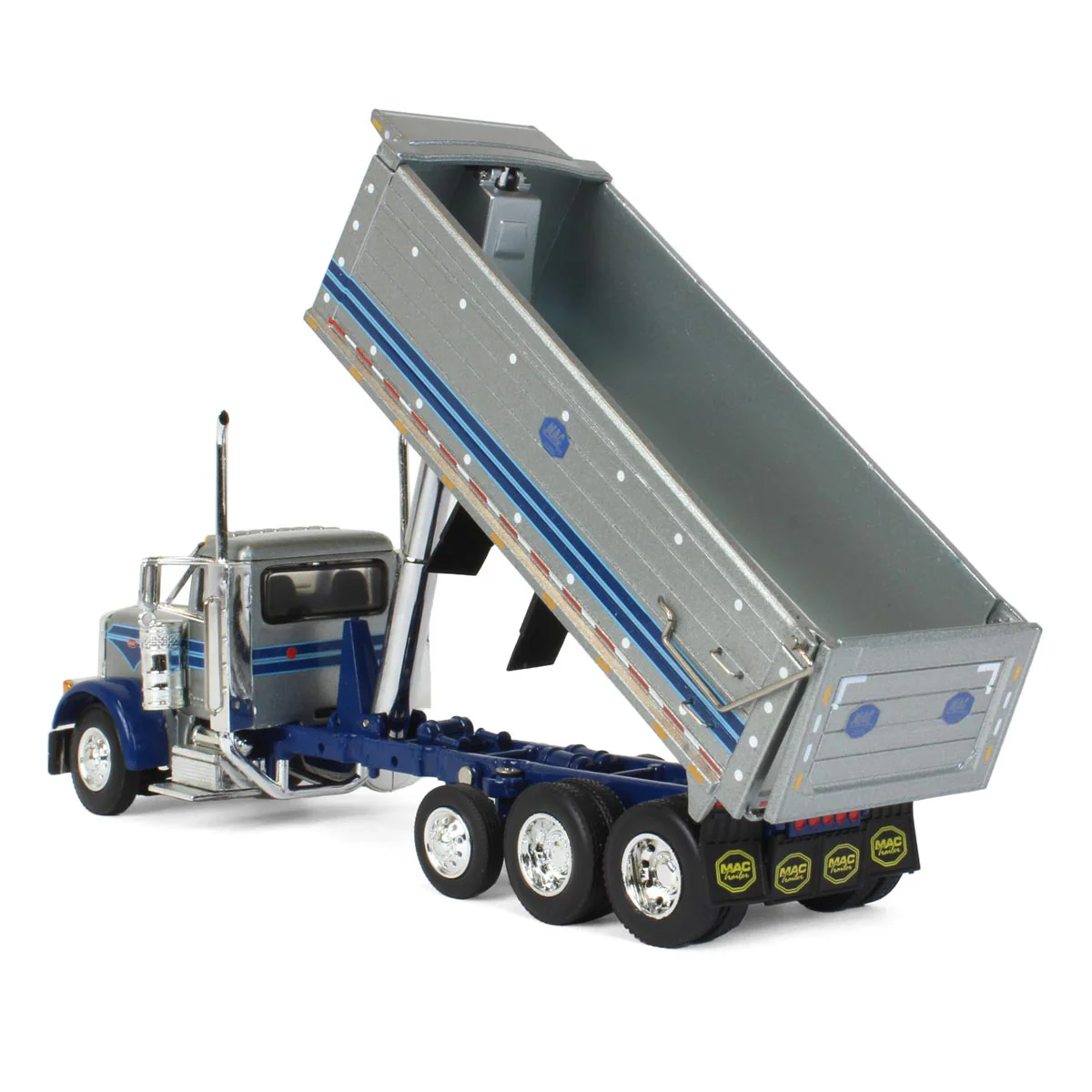 1/64 Silver/Blue Peterbilt 379 Semi Truck with Tri-Axle MAC Dump Body, DCP by First Gear - Image 4