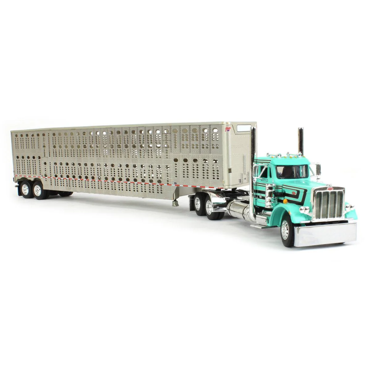 1/64 Peterbilt 359 Day Cab Semi Truck with Wilson Silverstar Livestock Trailer, Teal & Black, DCP by First Gear - Image 2