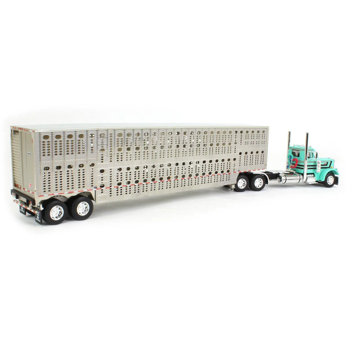 1/64 Peterbilt 359 Day Cab Semi Truck with Wilson Silverstar Livestock Trailer, Teal & Black, DCP by First Gear - Image 3