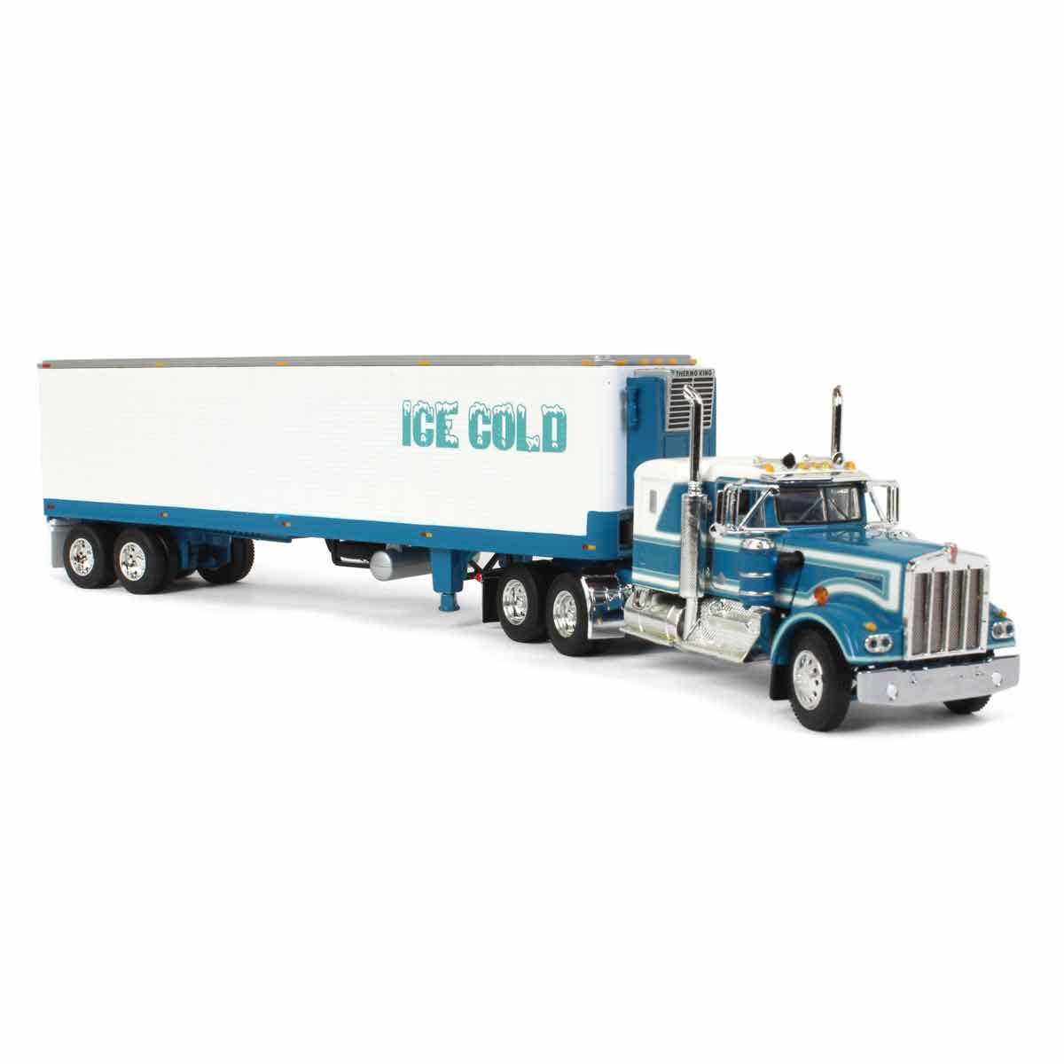 1/64 Teal Kenworth W900A Semi Truck with 40ft Vintage Reefer Trailer, ICE COLD, DCP by First Gear - Image 2