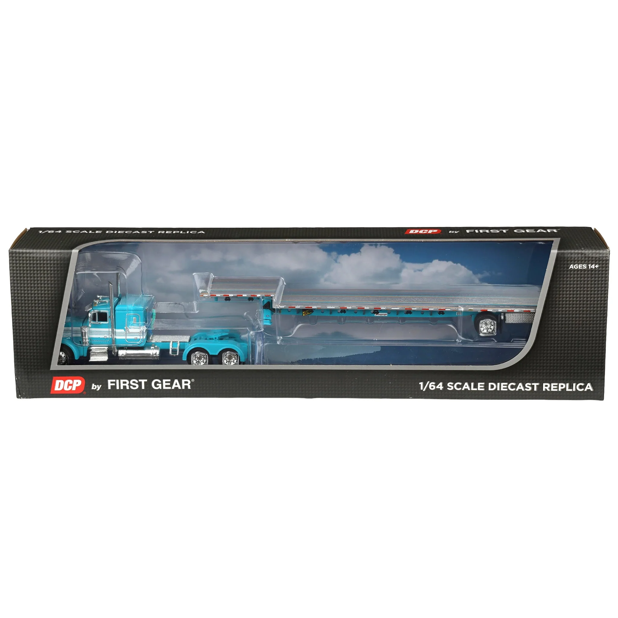 1/64 Teal Peterbilt 379 with 48in Flattop Sleeper & Transcraft Step Deck Trailer, DCP by First Gear - Image 6