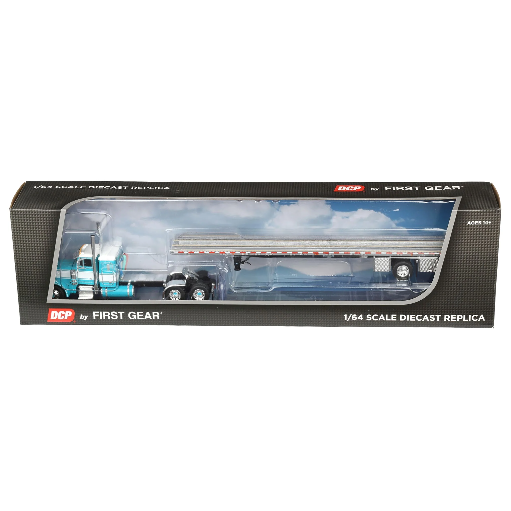 (B&D) 1/64 Turquoise Peterbilt 379 Semi Truck with Silver & Black Spread-Axle Flatbed Trailer, DCP by First Gear Damaged Box - Image 2