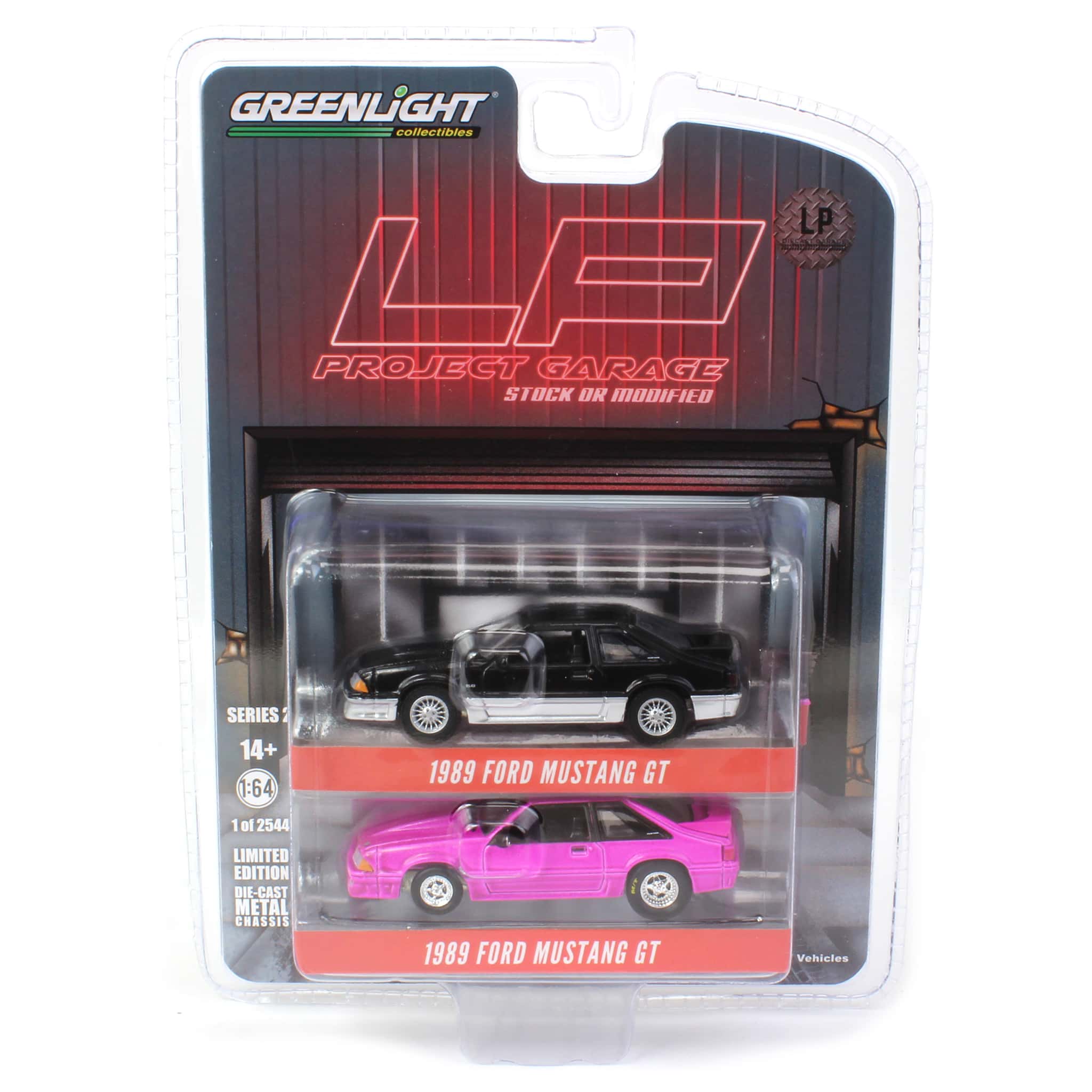 1/64 Twin Pack 1988 Ford Mustang GT Stock & Modified Set, Black/Silver & Pink, LP Diecast Project Garage - Image 6