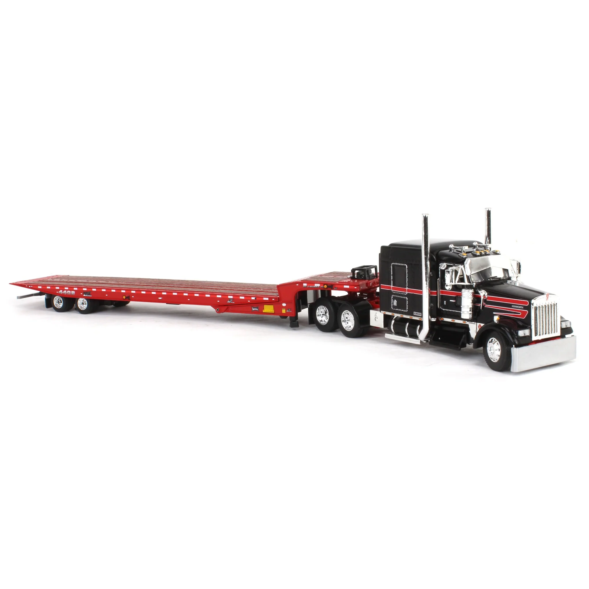 1/64 Black/Viper Red Kenworth W900L with Landoll 440B-50CA Traveling Axle Trailer, DCP by First Gear - Image 2
