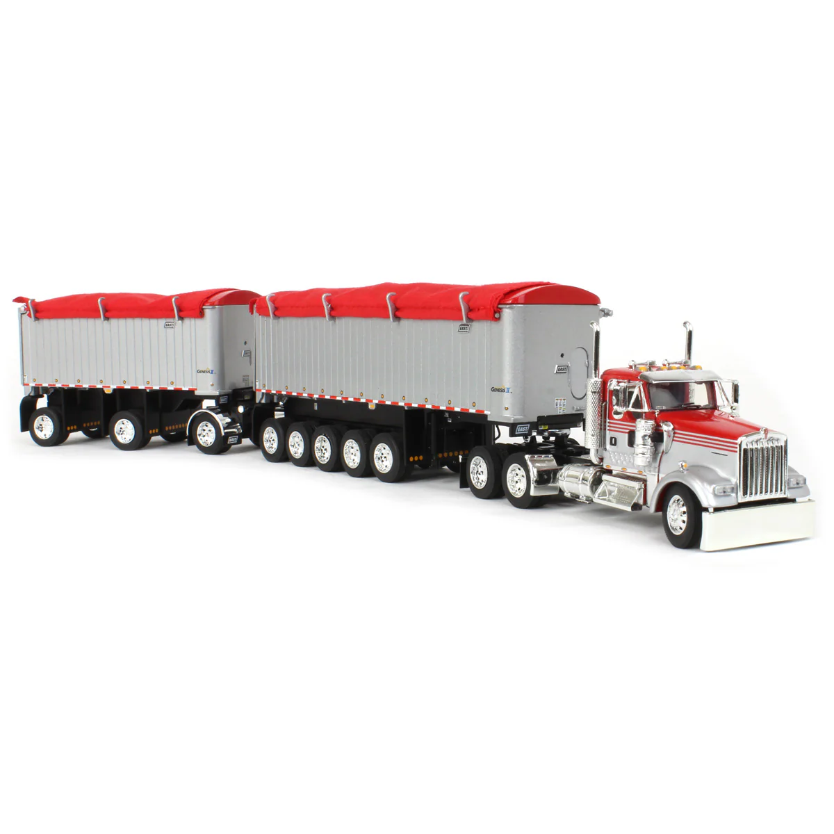 1/64 Viper Red/Silver Kenworth W900L with 31ft & 20ft End Dump Trailers, DCP by First Gear - Image 2