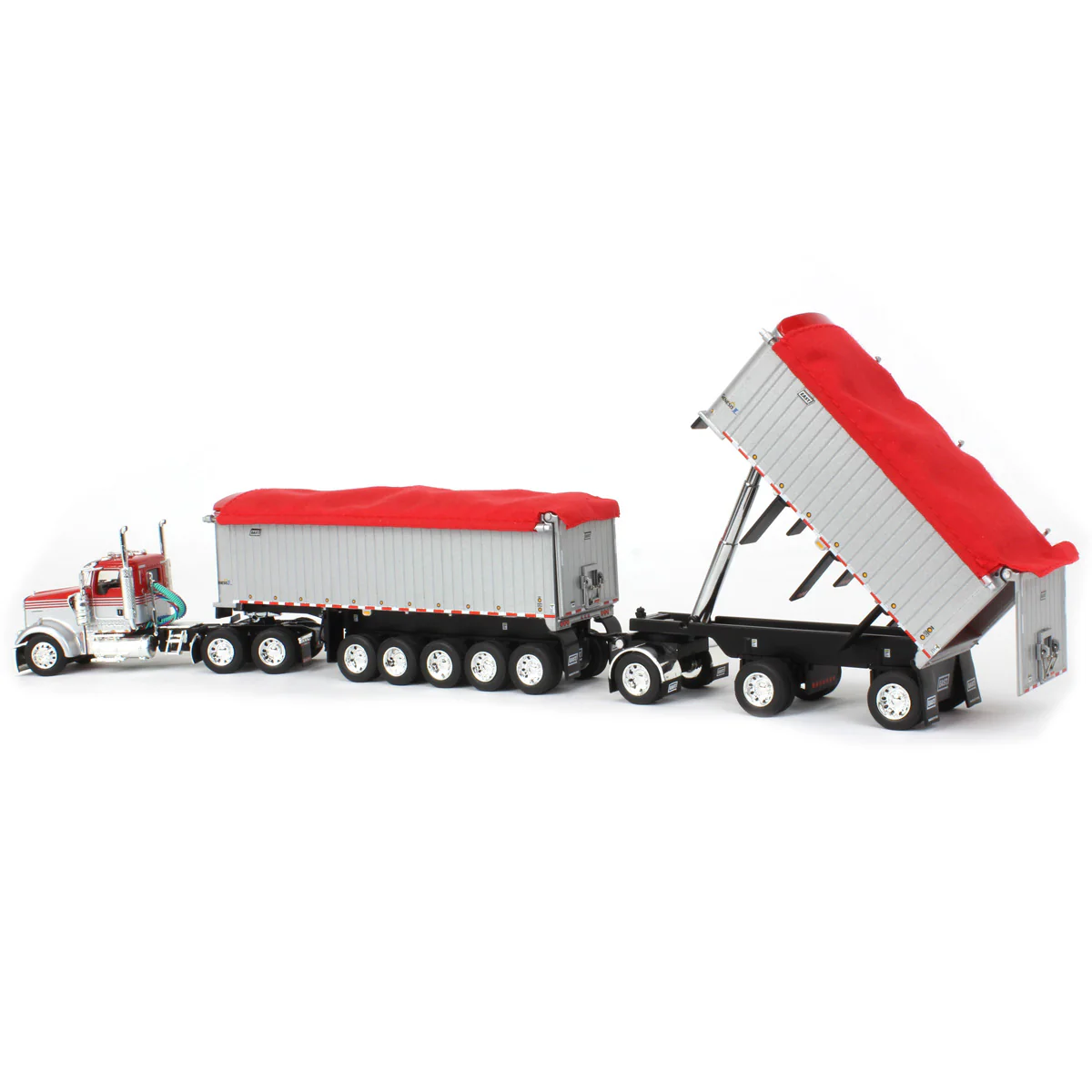 1/64 Viper Red/Silver Kenworth W900L with 31ft & 20ft End Dump Trailers, DCP by First Gear - Image 4