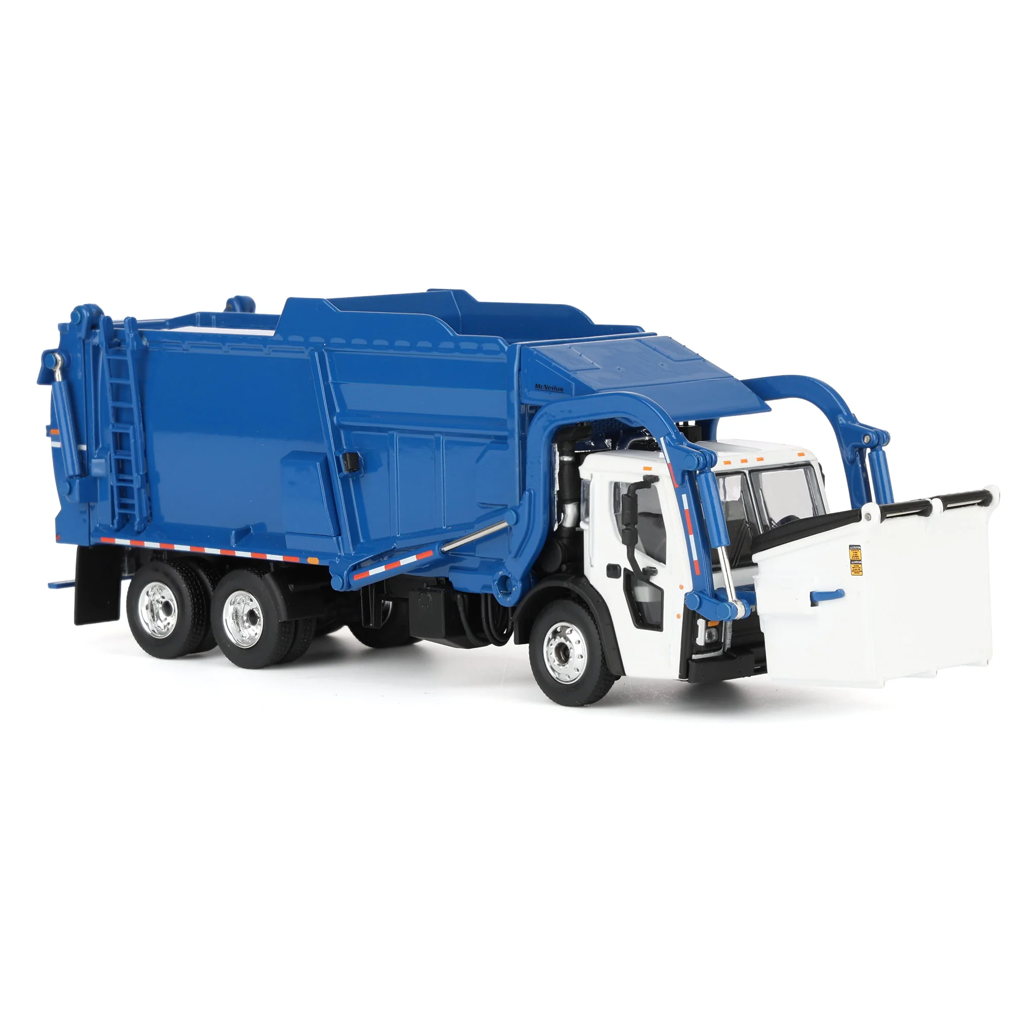 1/64 White/Blue Mack LR Truck with McNeilus Meridian FEL Refuse Body & Refuse Bin, DCP by First Gear - Image 2
