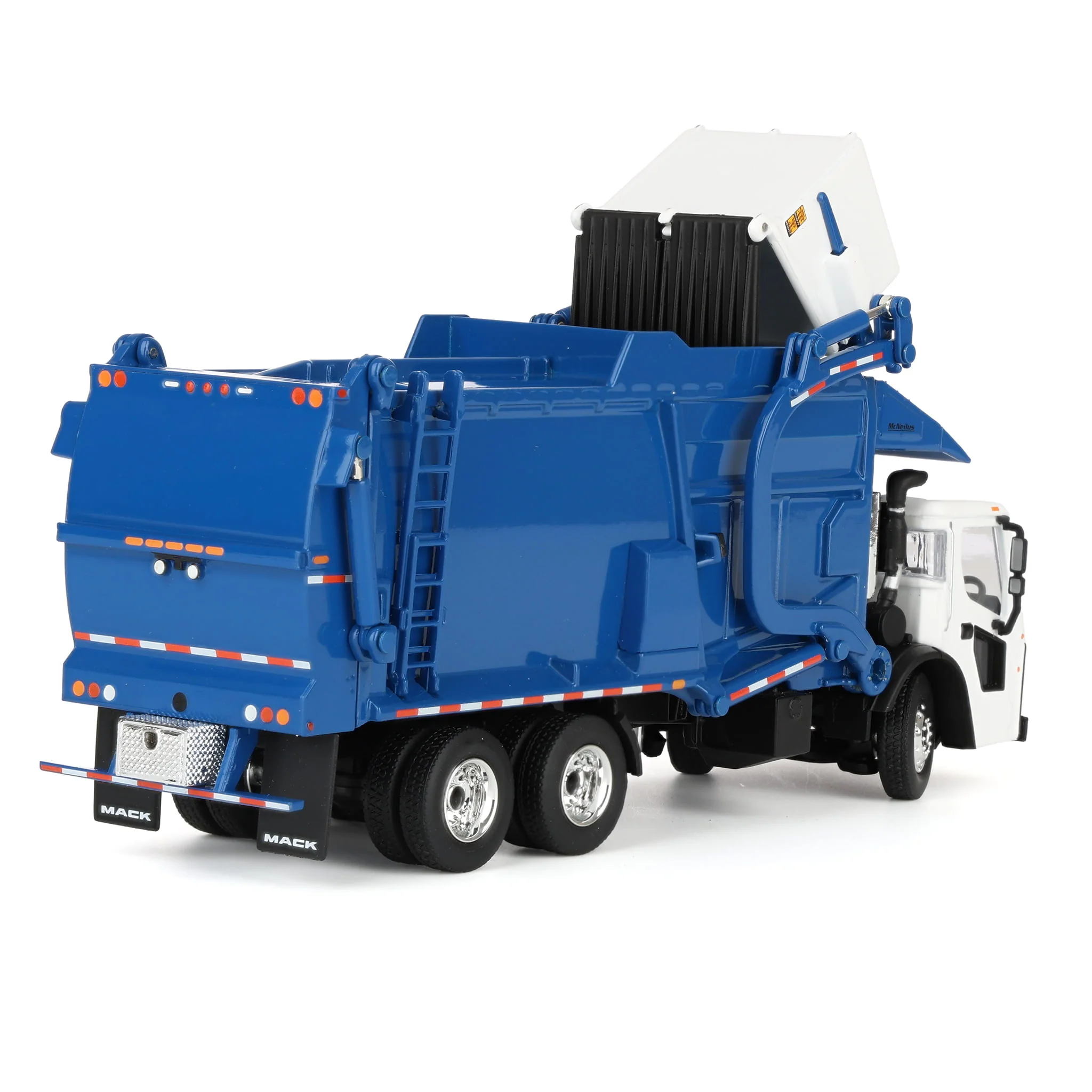 1/64 White/Blue Mack LR Truck with McNeilus Meridian FEL Refuse Body & Refuse Bin, DCP by First Gear - Image 3
