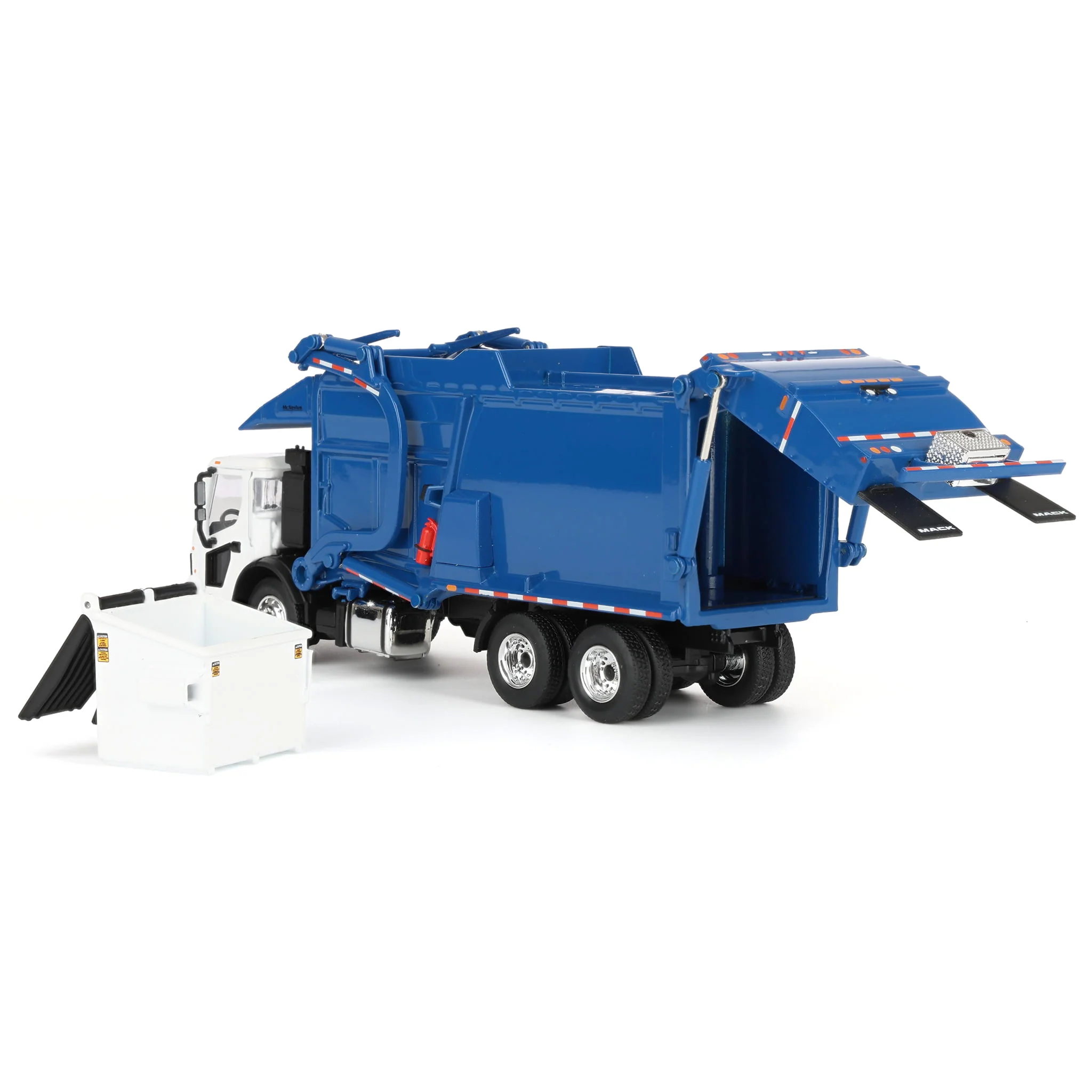 1/64 White/Blue Mack LR Truck with McNeilus Meridian FEL Refuse Body & Refuse Bin, DCP by First Gear - Image 4