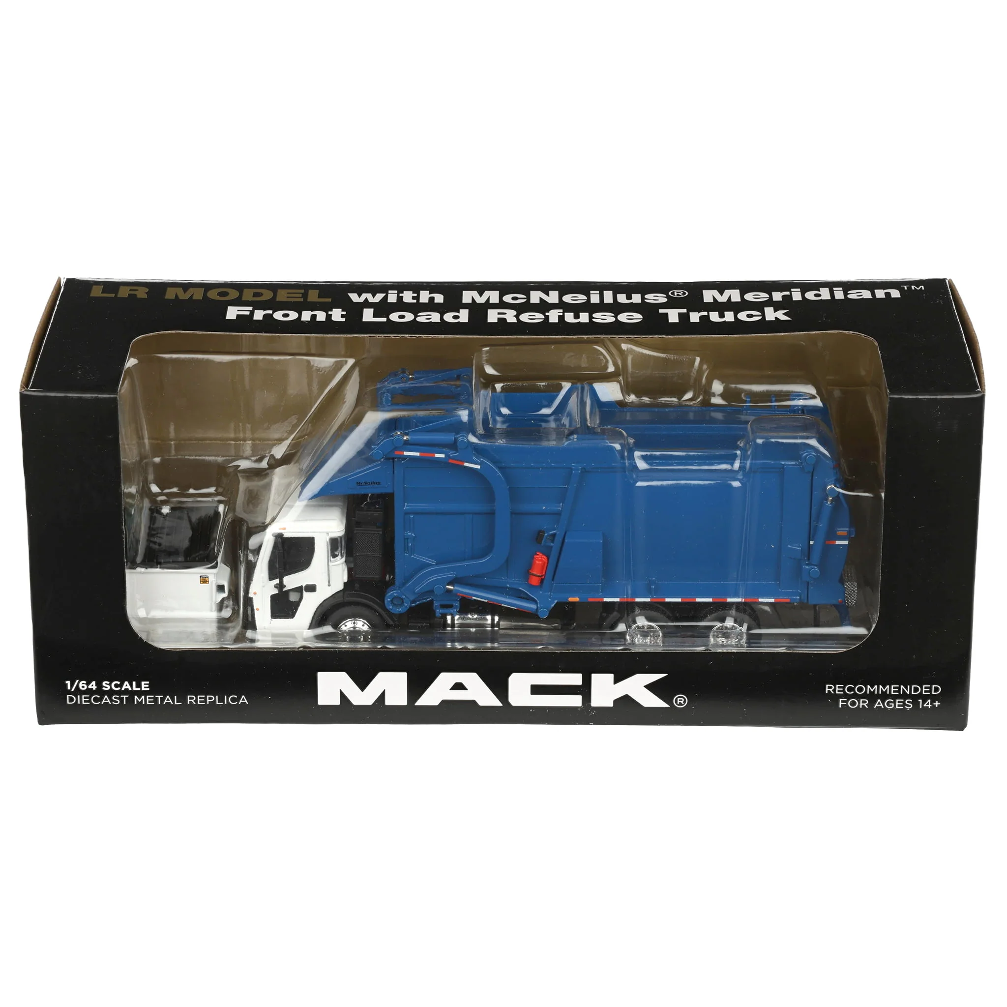 1/64 White/Blue Mack LR Truck with McNeilus Meridian FEL Refuse Body & Refuse Bin, DCP by First Gear - Image 6
