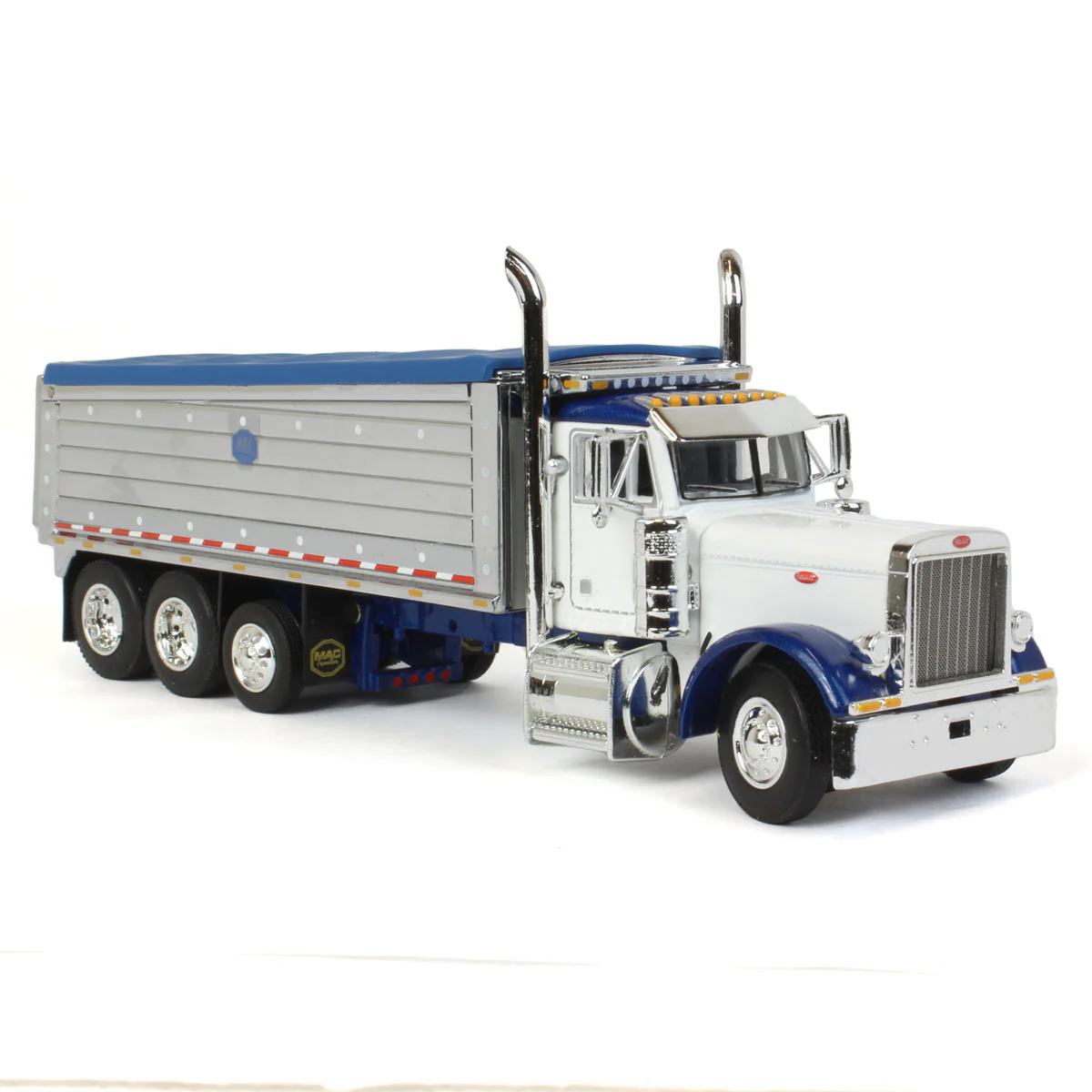 1/64 Peterbilt 379Truck with Tri-axle Chrome MAC Dump Body, White/Blue, DCP by First Gear - Image 2