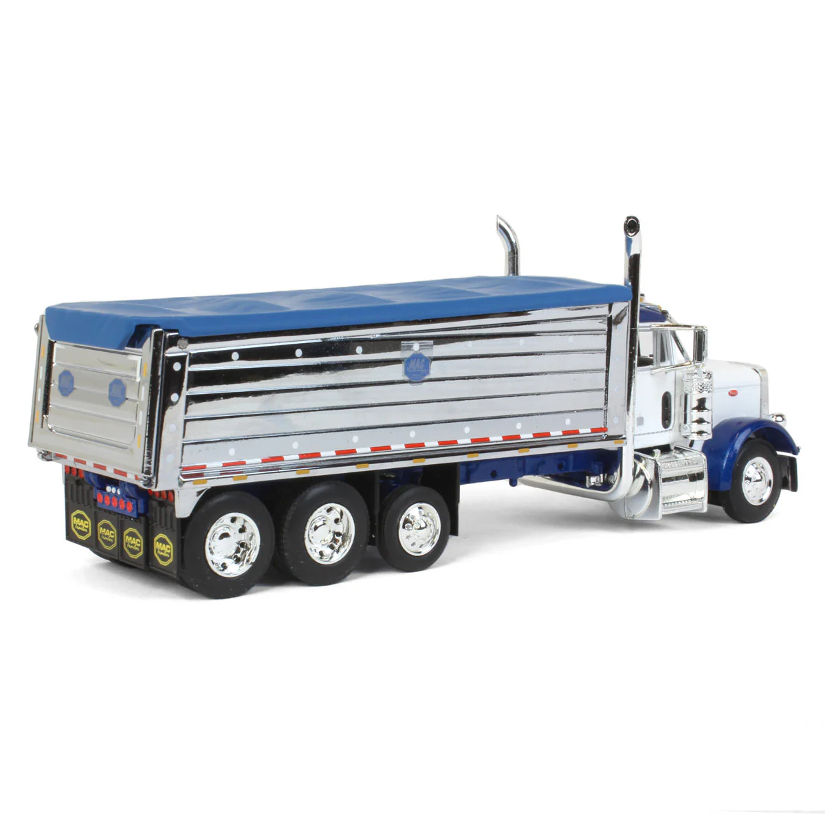 1/64 Peterbilt 379Truck with Tri-axle Chrome MAC Dump Body, White/Blue, DCP by First Gear - Image 3