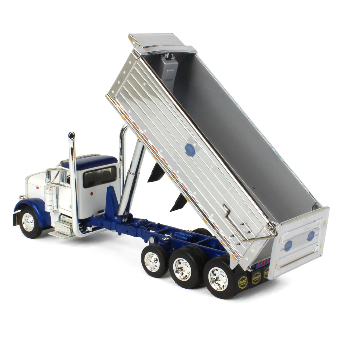 1/64 Peterbilt 379Truck with Tri-axle Chrome MAC Dump Body, White/Blue, DCP by First Gear - Image 4