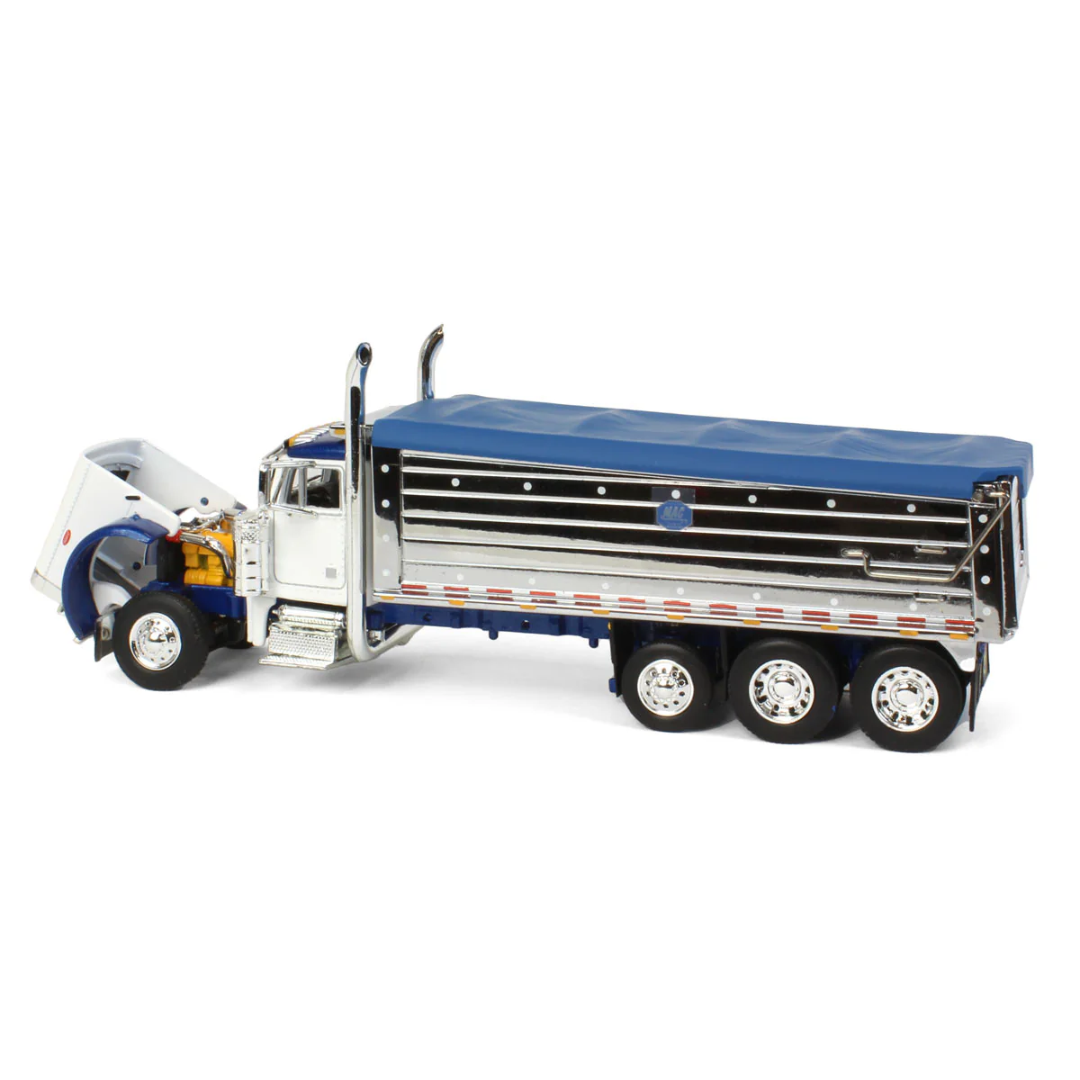 1/64 Peterbilt 379Truck with Tri-axle Chrome MAC Dump Body, White/Blue, DCP by First Gear - Image 5