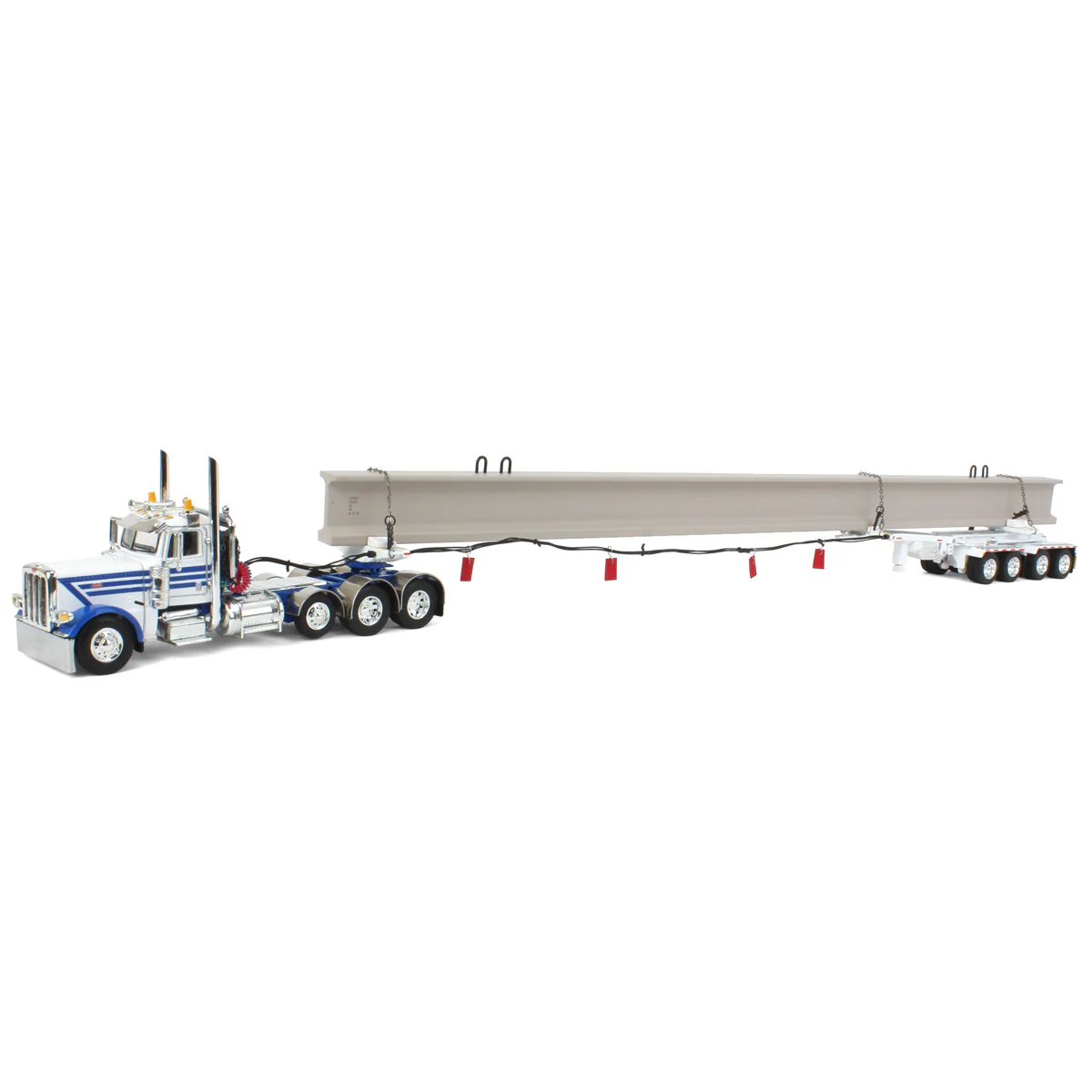 1/64 White/Blue Peterbilt 389 Semi Truck with ERMC Hydra-Steer Trailer & Bridge Beam Load, DCP by First Gear