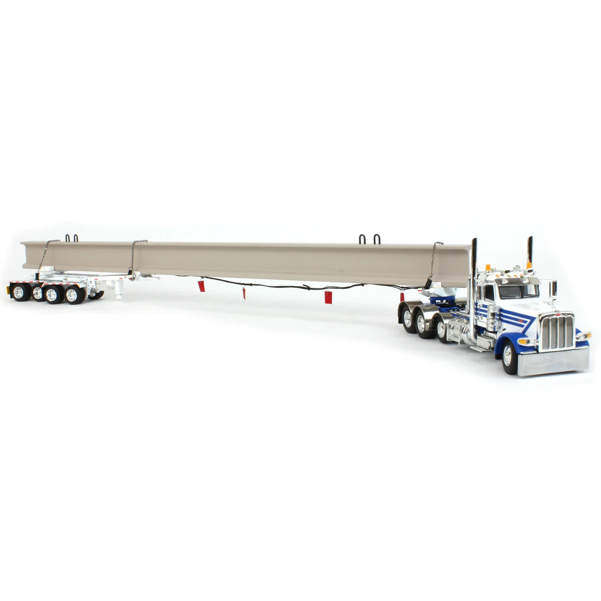 1/64 White/Blue Peterbilt 389 Semi Truck with ERMC Hydra-Steer Trailer & Bridge Beam Load, DCP by First Gear - Image 2