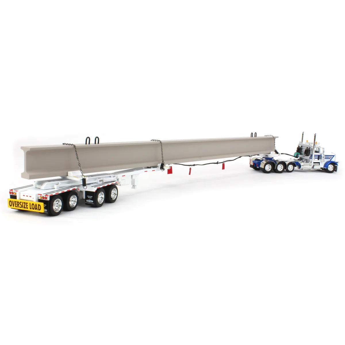 1/64 White/Blue Peterbilt 389 Semi Truck with ERMC Hydra-Steer Trailer & Bridge Beam Load, DCP by First Gear - Image 3