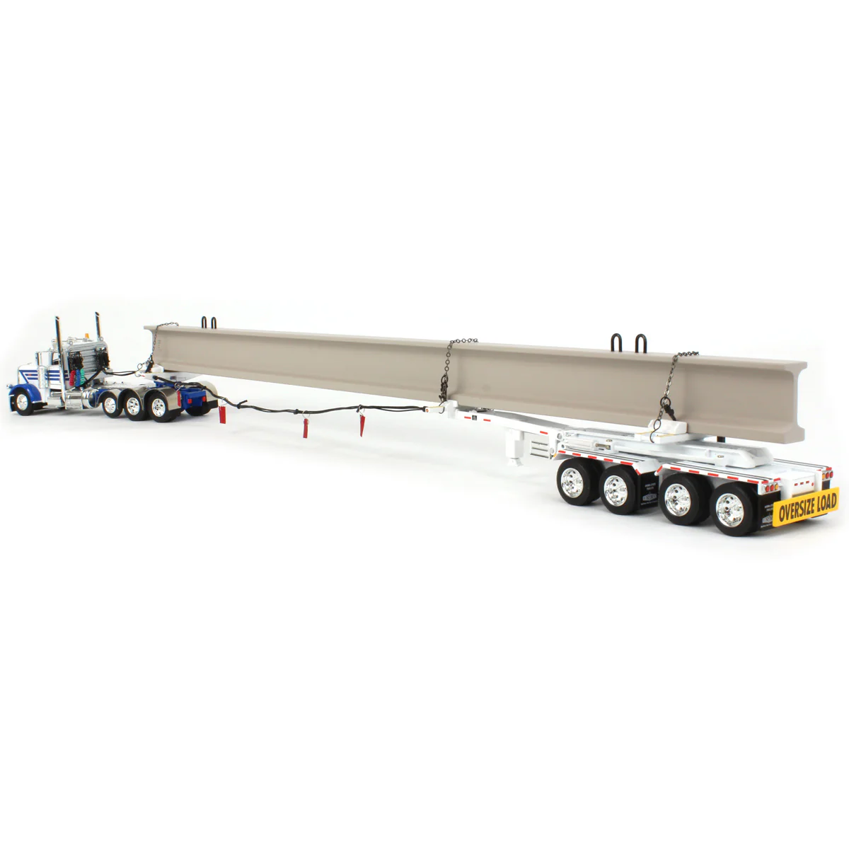 1/64 White/Blue Peterbilt 389 Semi Truck with ERMC Hydra-Steer Trailer & Bridge Beam Load, DCP by First Gear - Image 4