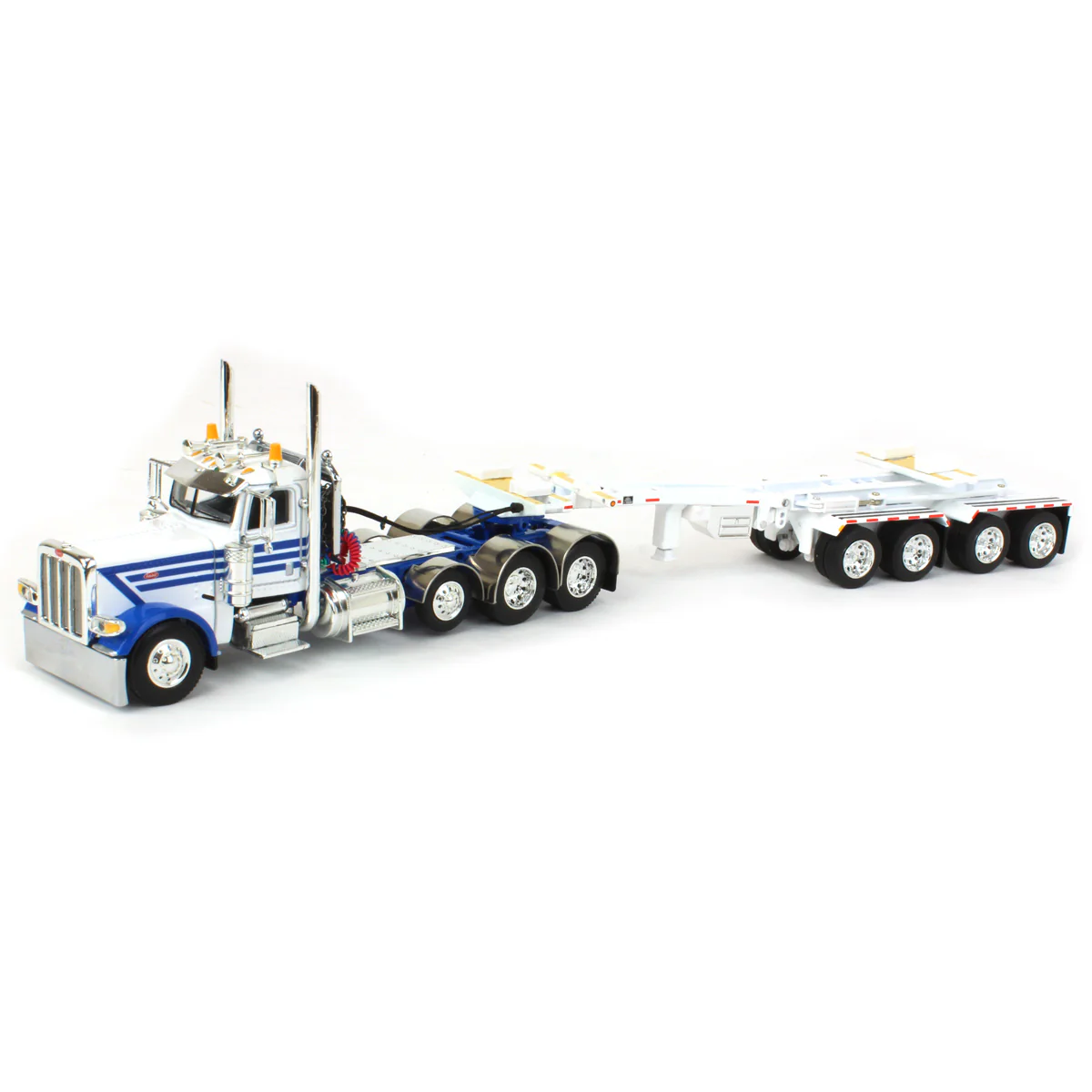 1/64 White/Blue Peterbilt 389 Semi Truck with ERMC Hydra-Steer Trailer & Bridge Beam Load, DCP by First Gear - Image 5