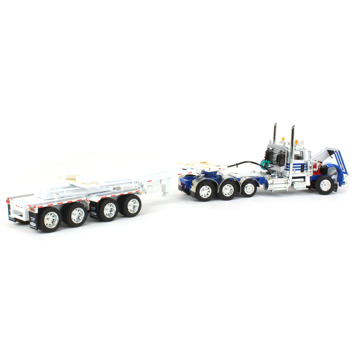 1/64 White/Blue Peterbilt 389 Semi Truck with ERMC Hydra-Steer Trailer & Bridge Beam Load, DCP by First Gear - Image 6