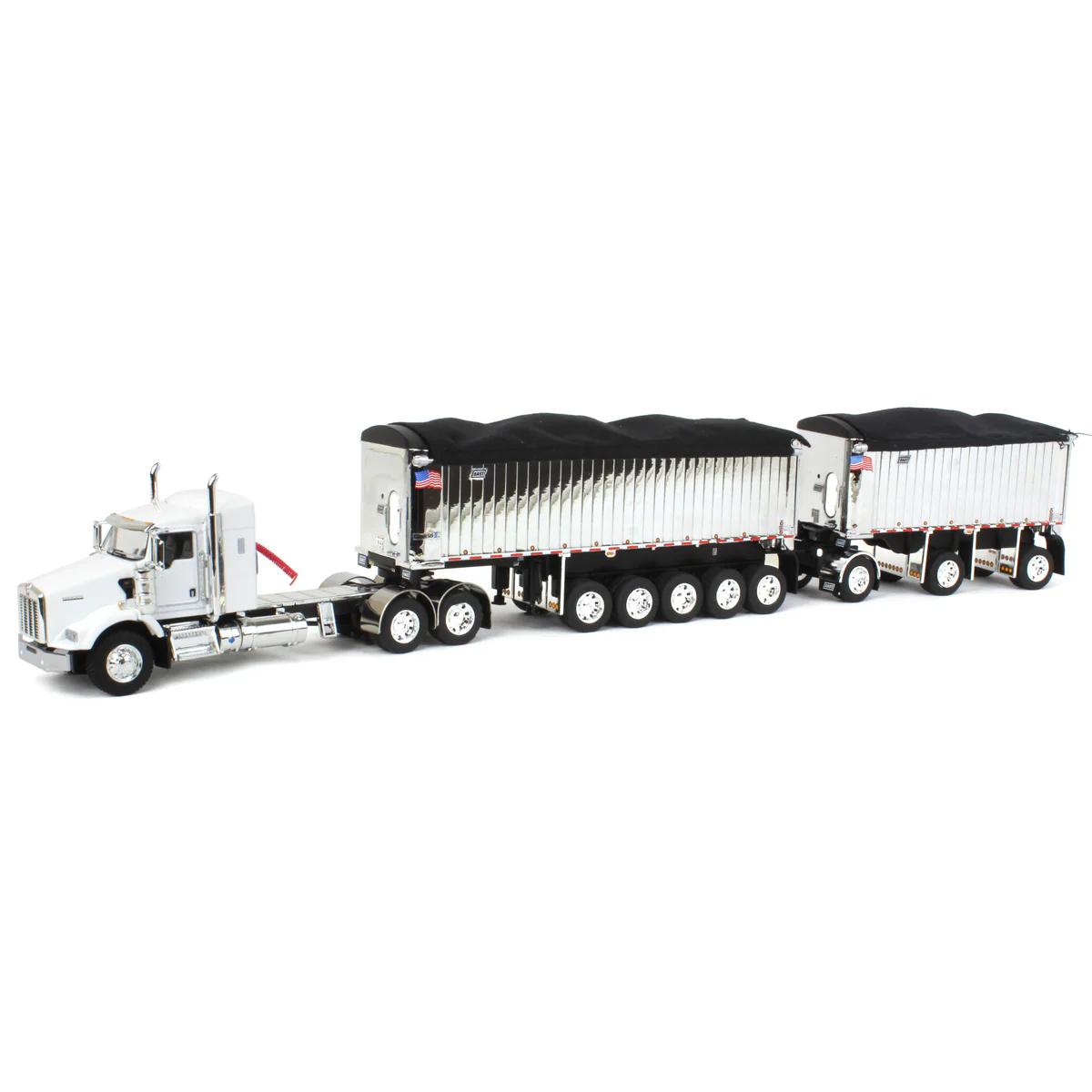 1/64 White/Chrome Kenworth T800 Semi Truck with Chrome East Genesis II End Dump Trailers, DCP by First Gear
