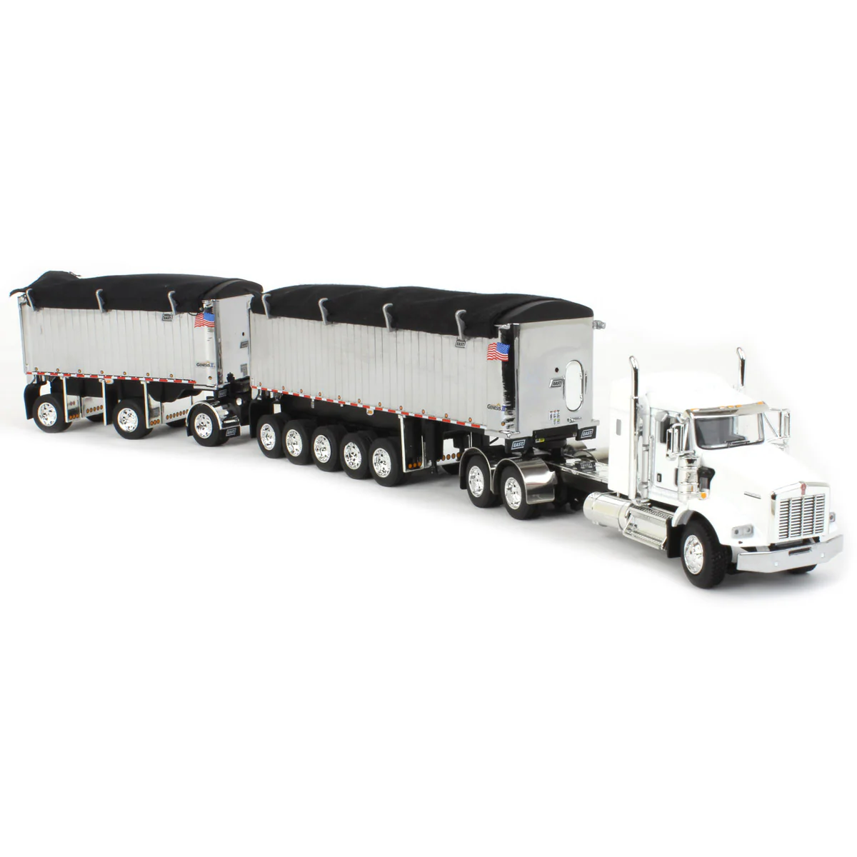 1/64 White/Chrome Kenworth T800 Semi Truck with Chrome East Genesis II End Dump Trailers, DCP by First Gear - Image 2