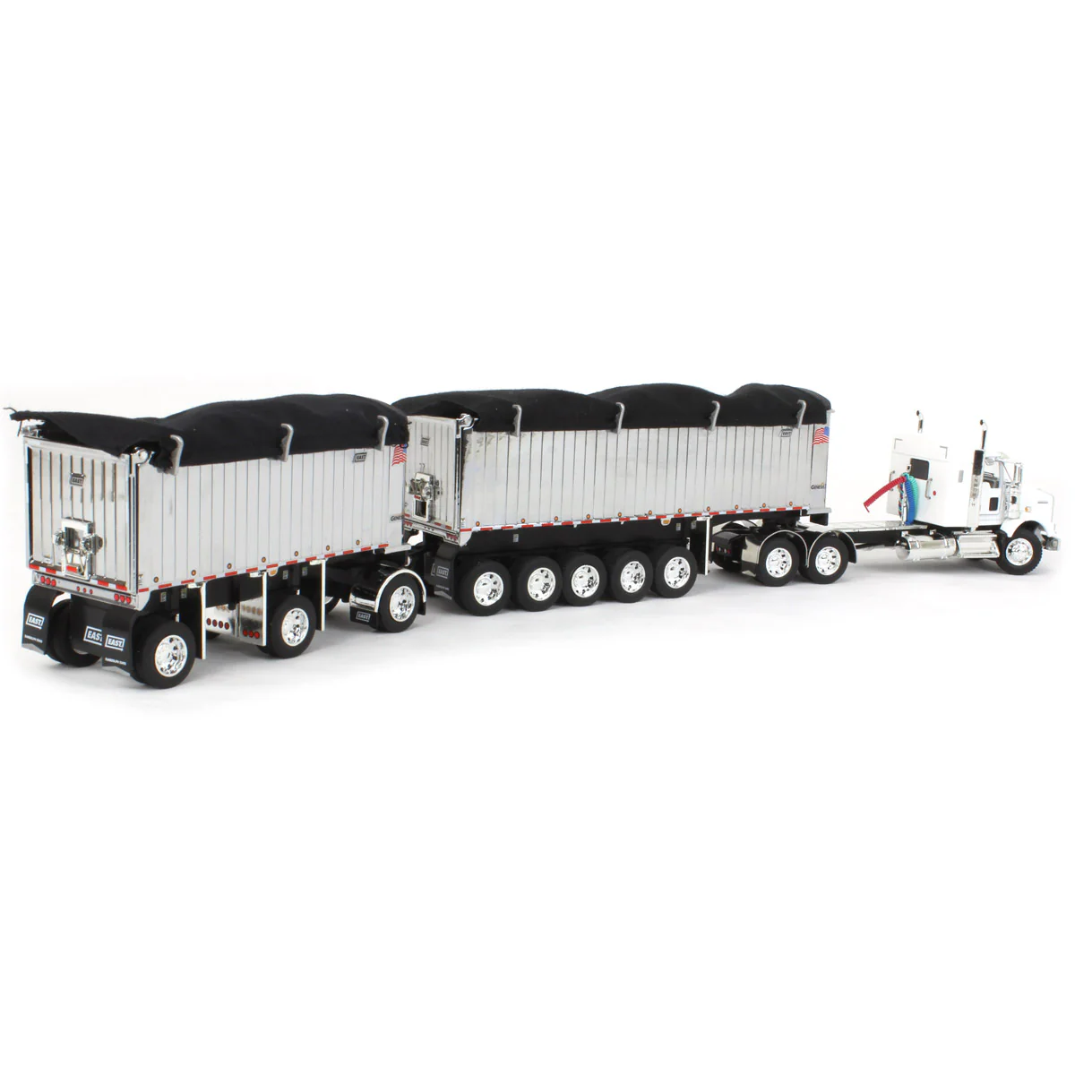 1/64 White/Chrome Kenworth T800 Semi Truck with Chrome East Genesis II End Dump Trailers, DCP by First Gear - Image 3