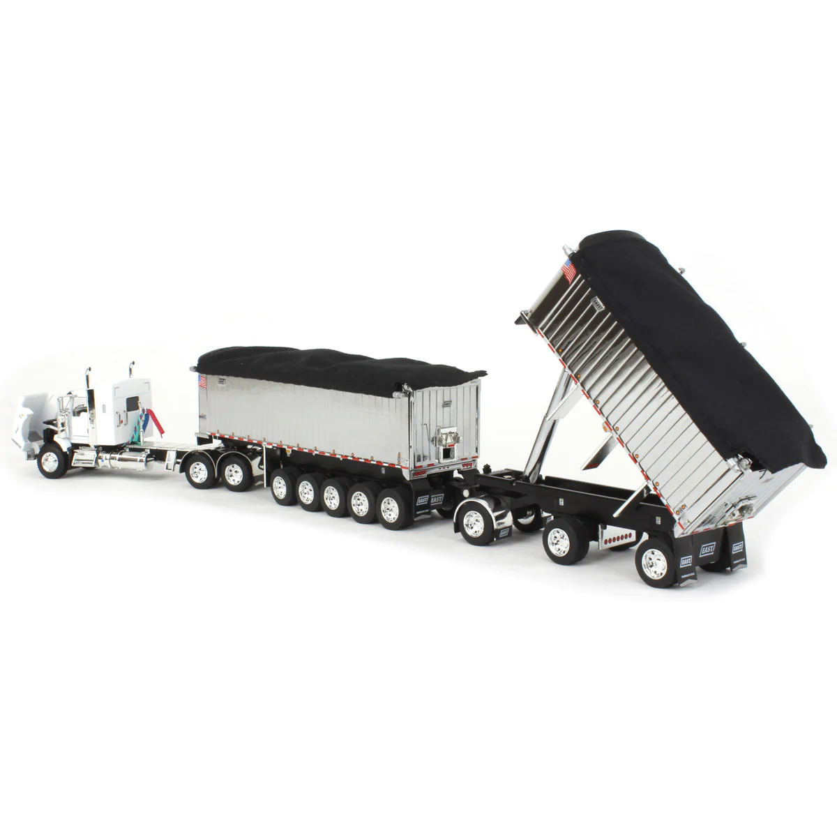 1/64 White/Chrome Kenworth T800 Semi Truck with Chrome East Genesis II End Dump Trailers, DCP by First Gear - Image 4