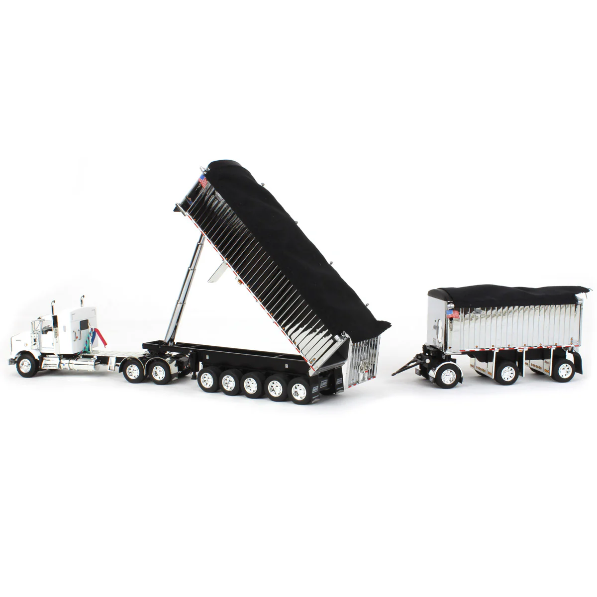 1/64 White/Chrome Kenworth T800 Semi Truck with Chrome East Genesis II End Dump Trailers, DCP by First Gear - Image 5